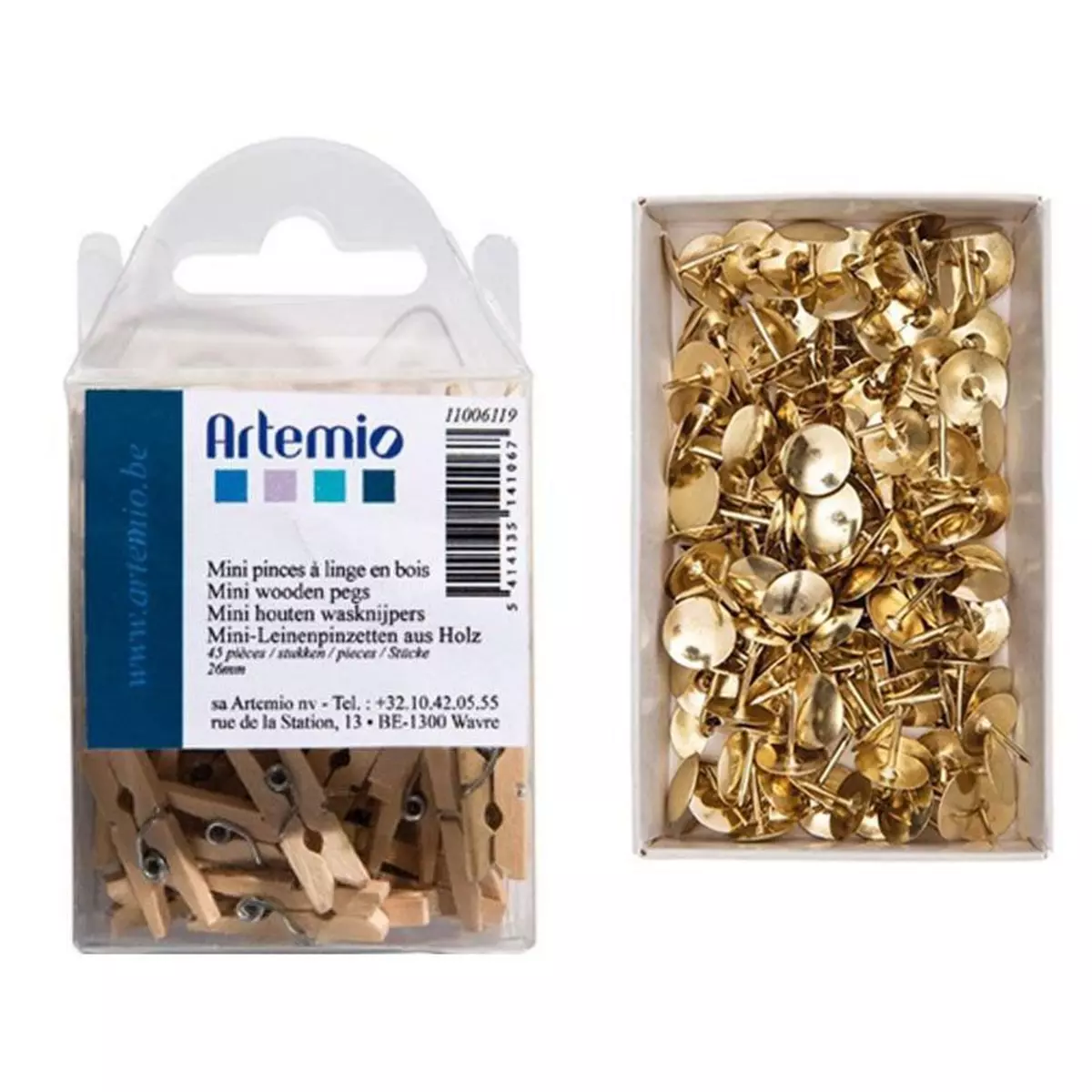 Artemio 45 mini pinces-à-linge en bois + 150 punaises dorées