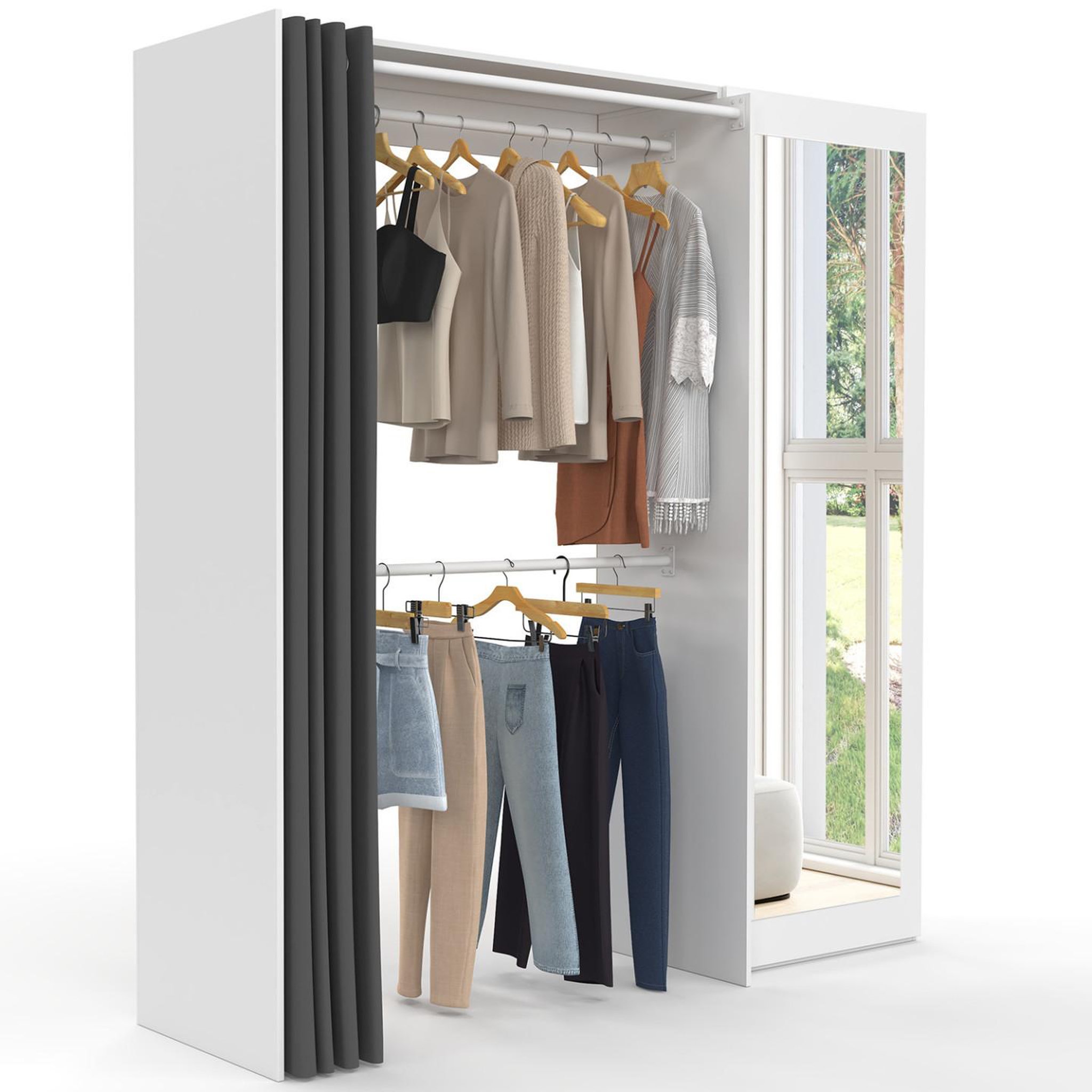 ID MARKET Dressing extensible marty 120/170 x 50 x 180 cm blanc avec étagères + double penderie + miroir + rideau gris