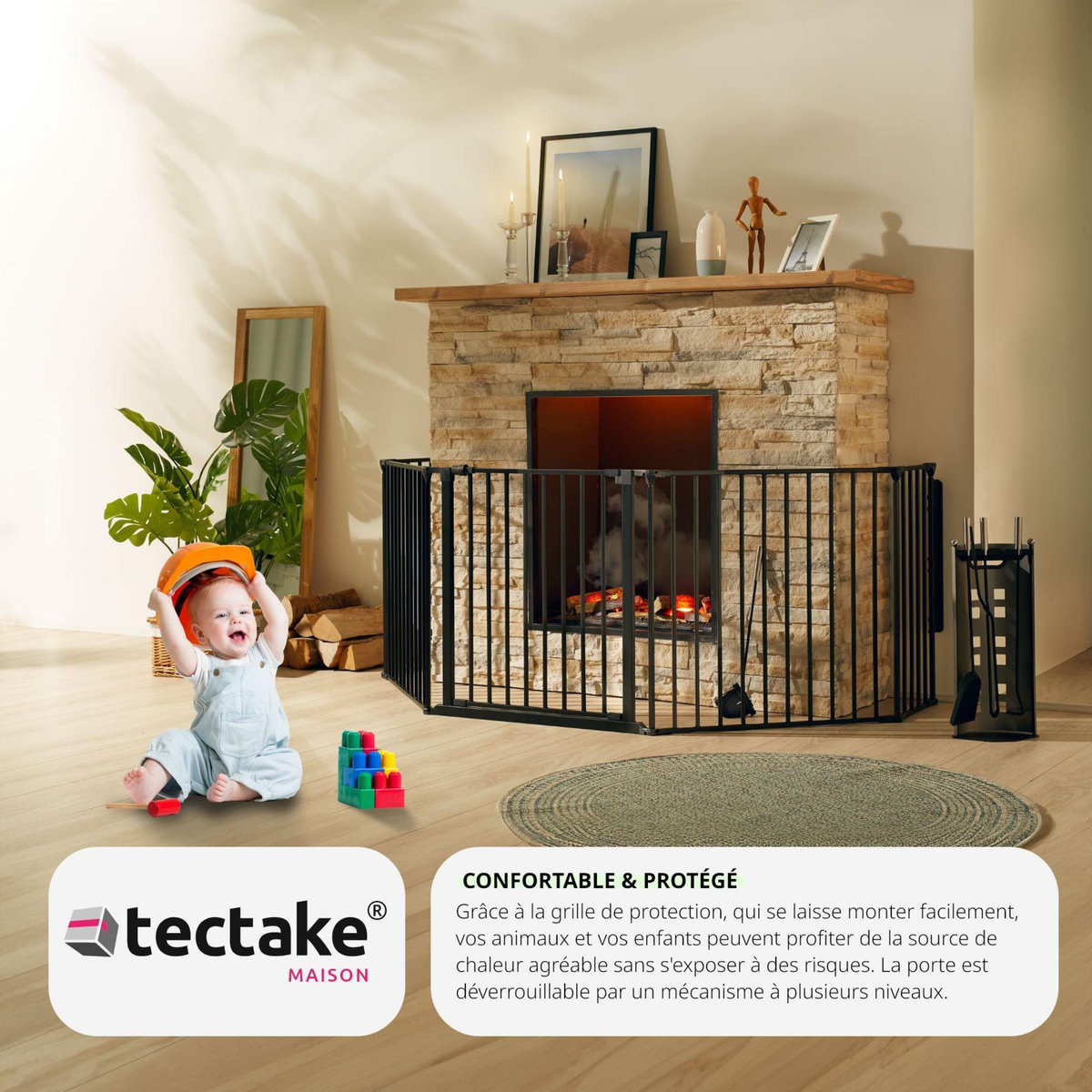 tectake Grille de protection pour cheminée, barrière de sécurité enfant bébé en acier robuste noir