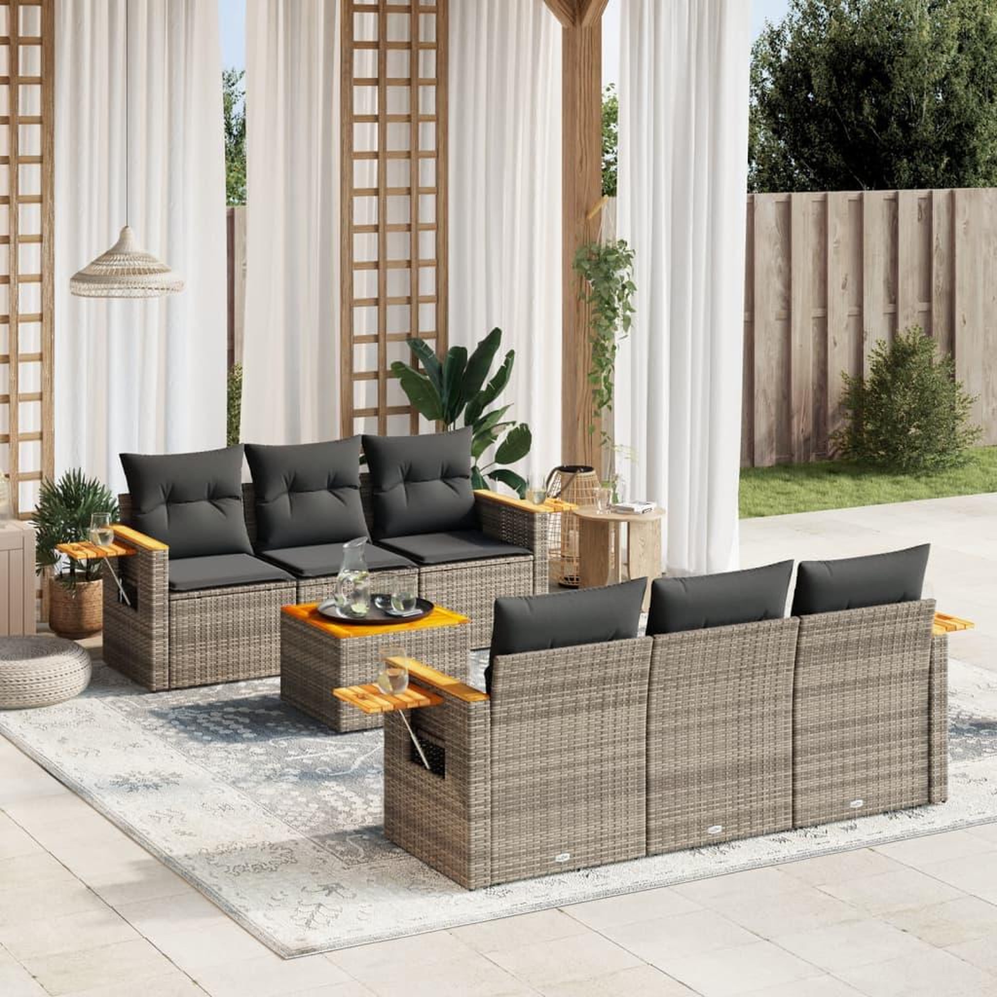 VIDAXL Salon de jardin avec coussins 7 pcs gris resine tressee