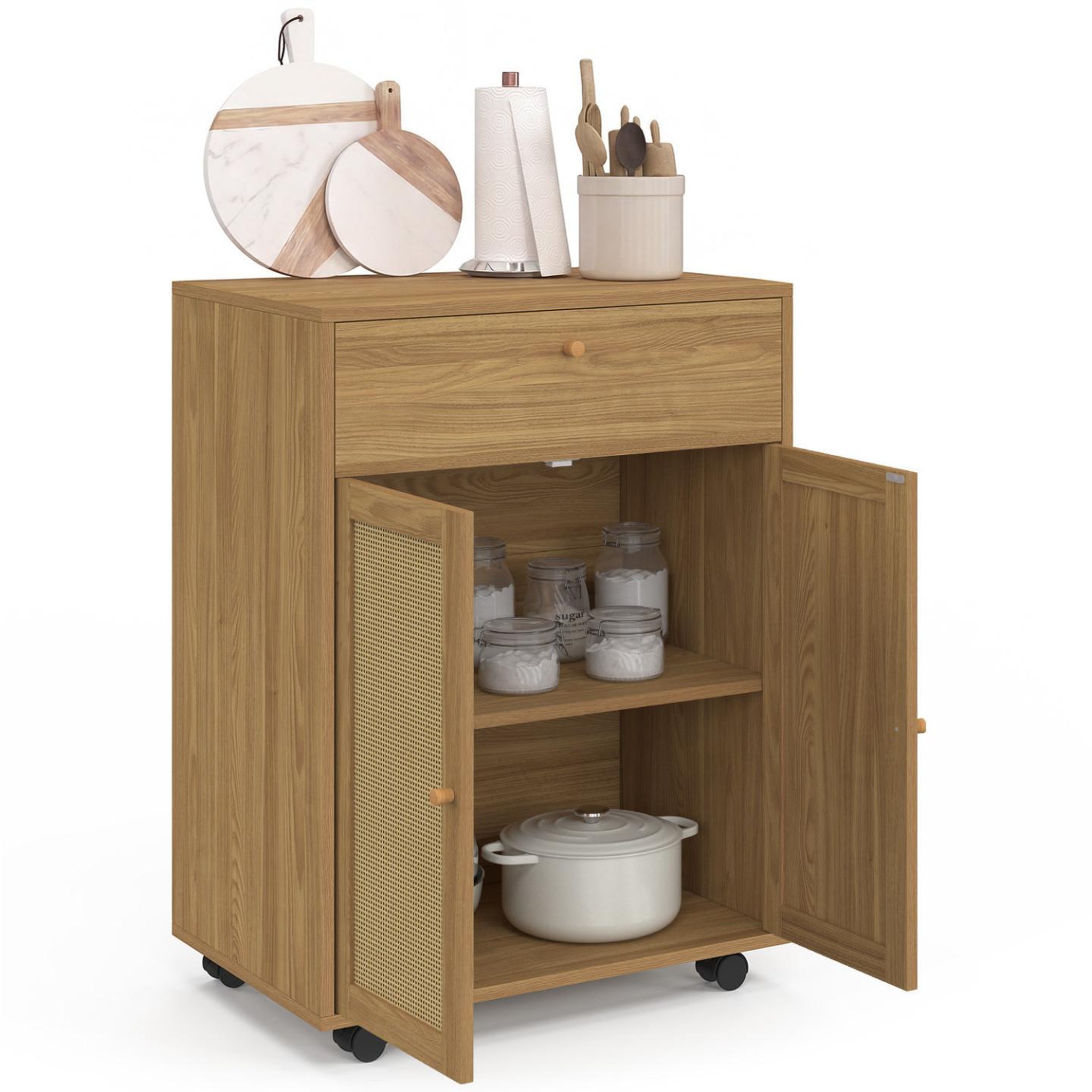 Voir la diapositive 4 : ID MARKET Desserte de cuisine HANAE tiroir effet bois et placard en cannage L.60 cm