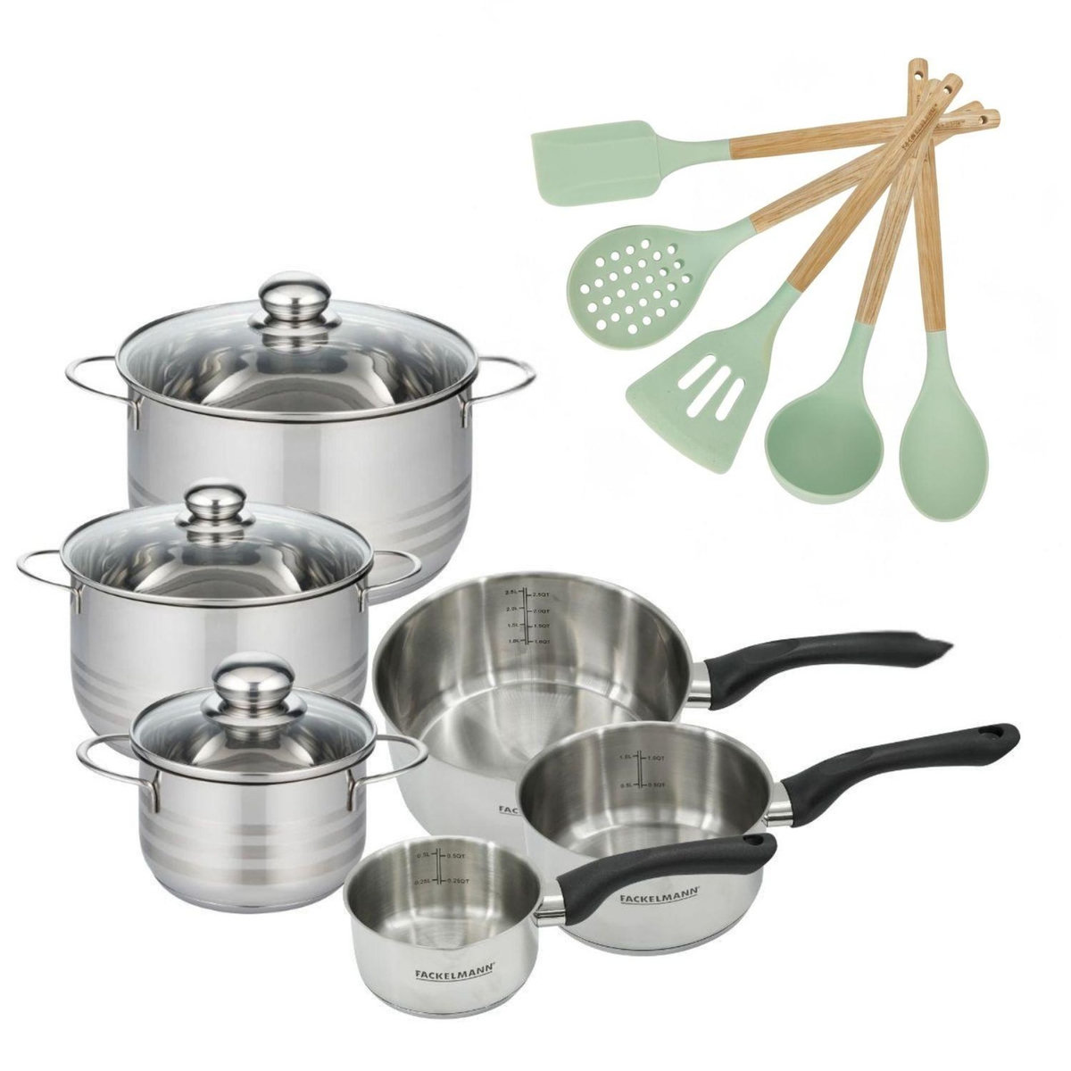 Fackelmann Set de 3 faitouts 16, 20 et 24 cm, 3 casseroles 12 16 20 cm en inox et 5 ustensiles Fackelmann Geneva