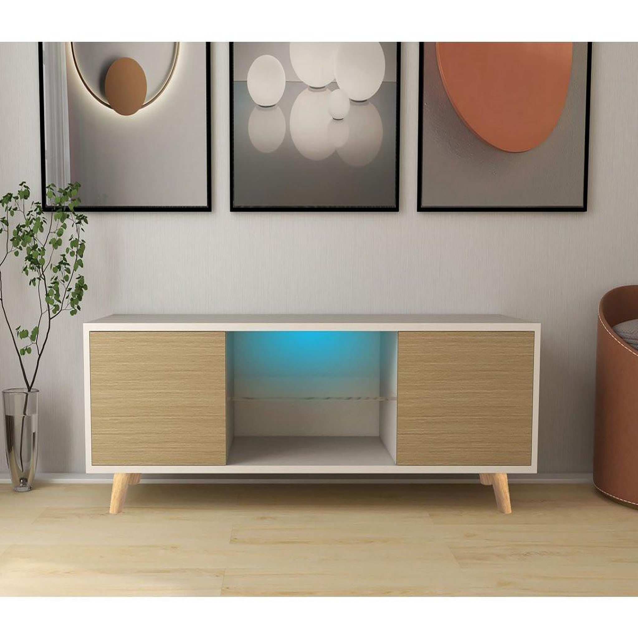 Voir la diapositive 2 : Habitat et Jardin Meuble tv led  inna  - 140 x 42 x 45 cm - blanc/chêne