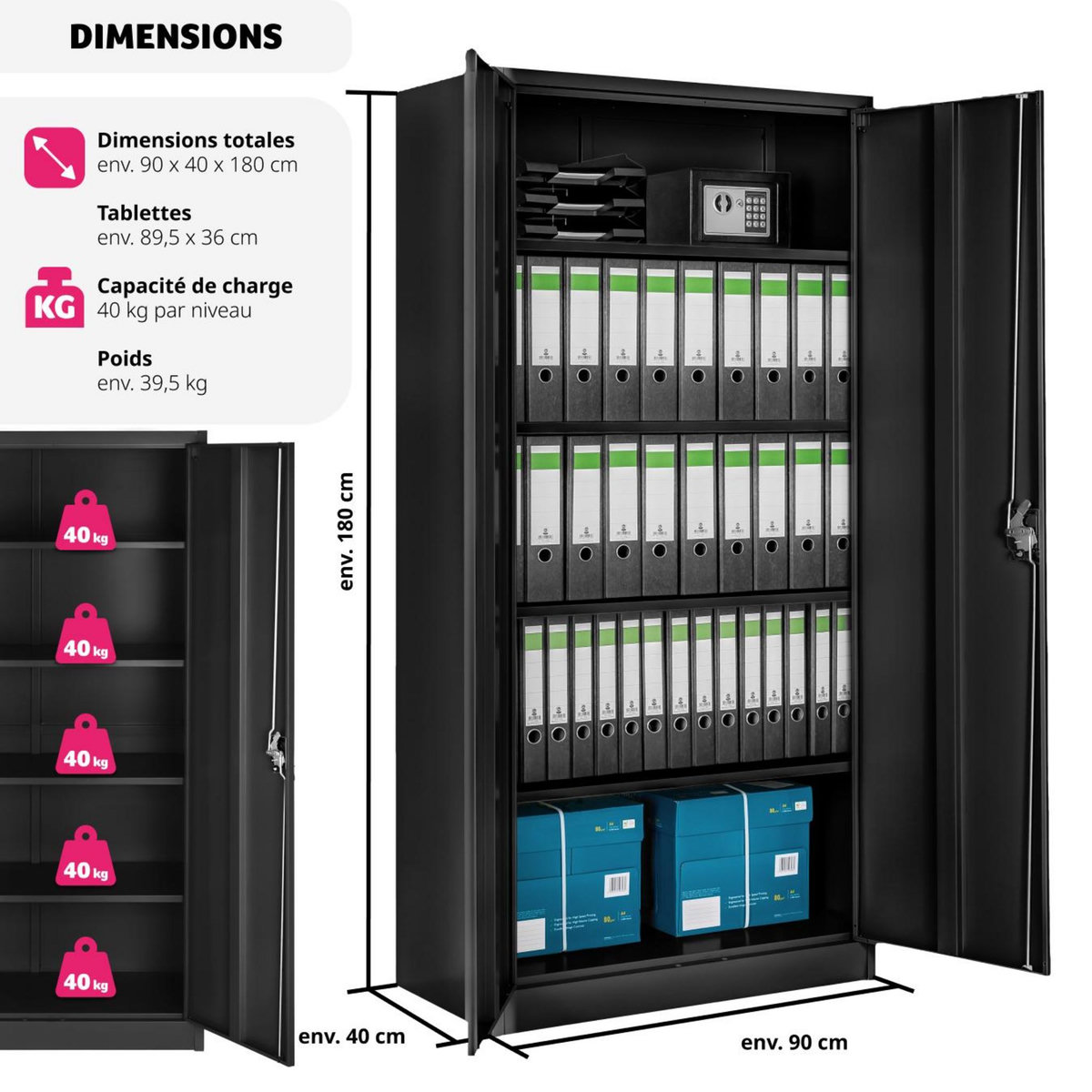 tectake Armoire de classement en métal en Acier lâqué époxy noir