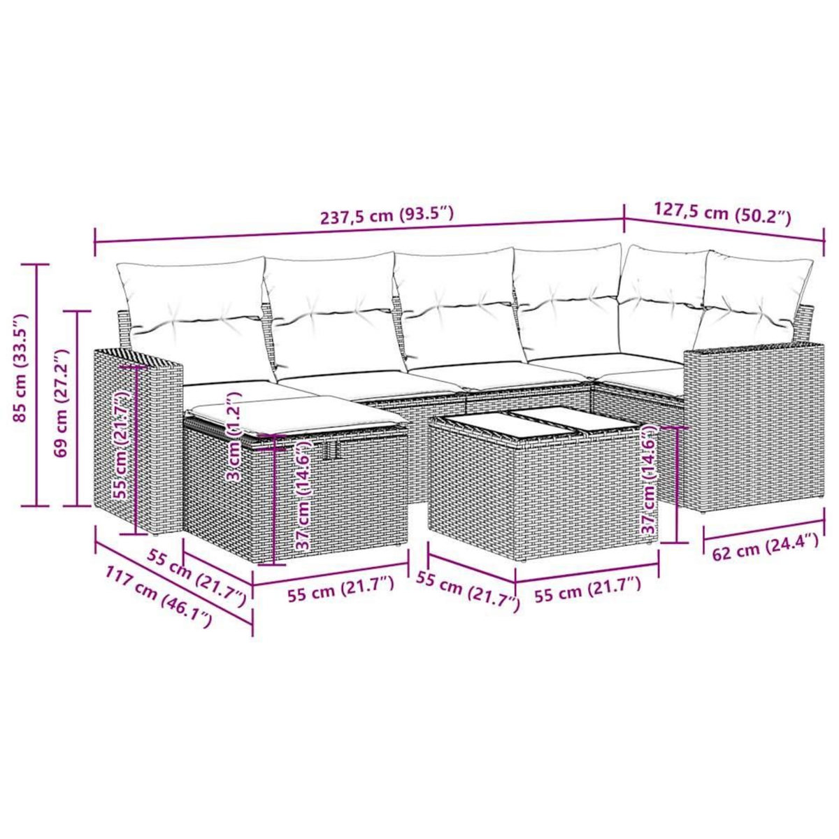 VIDAXL Salon de jardin 7 pcs avec coussins noir resine tressee