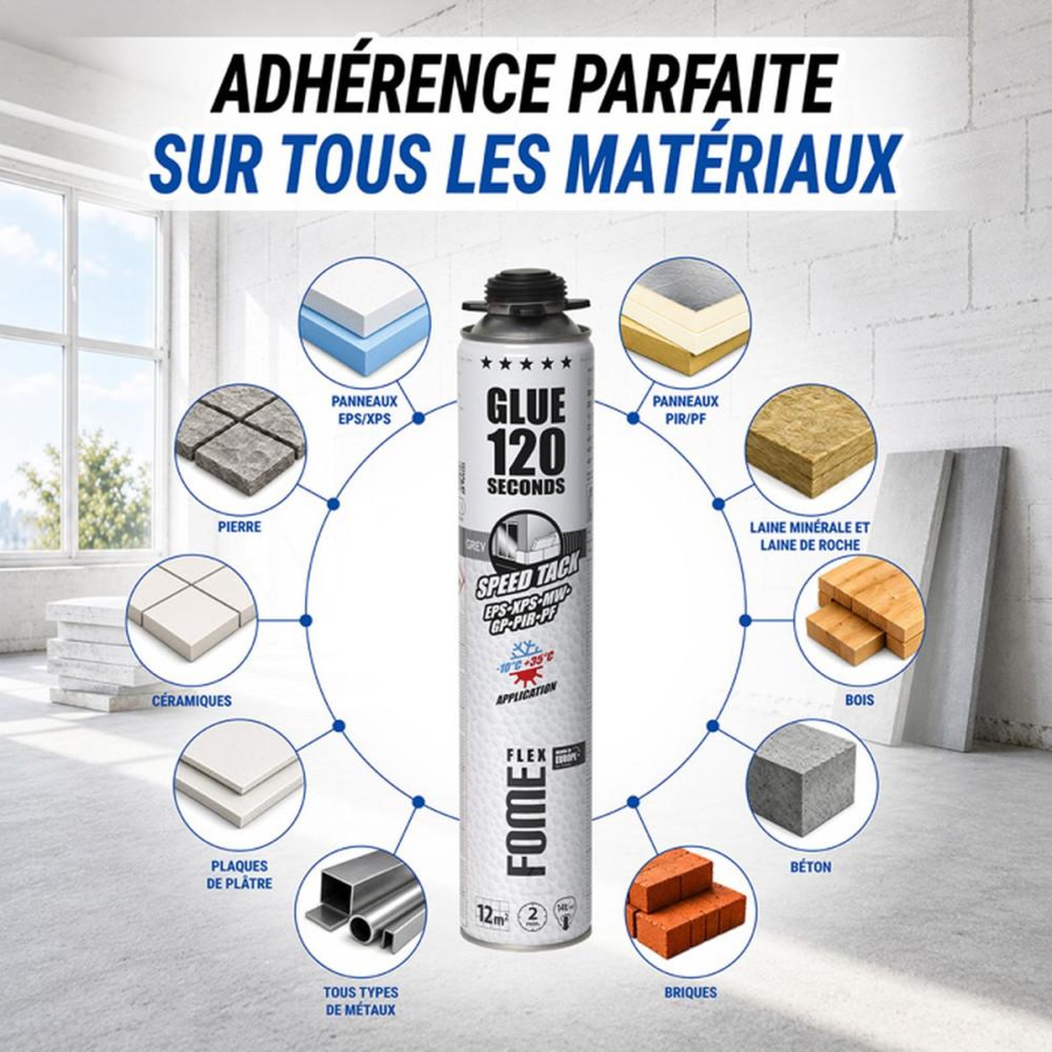 Voir la diapositive 4 : Mousse colle polyuréthane sans expansion FOME FLEX 120 Sec Speed Tack grise 750 ml