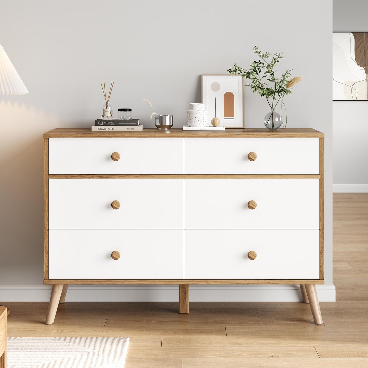 MERAX Commode 6 tiroir(s) 0 niche(s) coloris blanc+naturel largeur 116 cm panneaux de particules