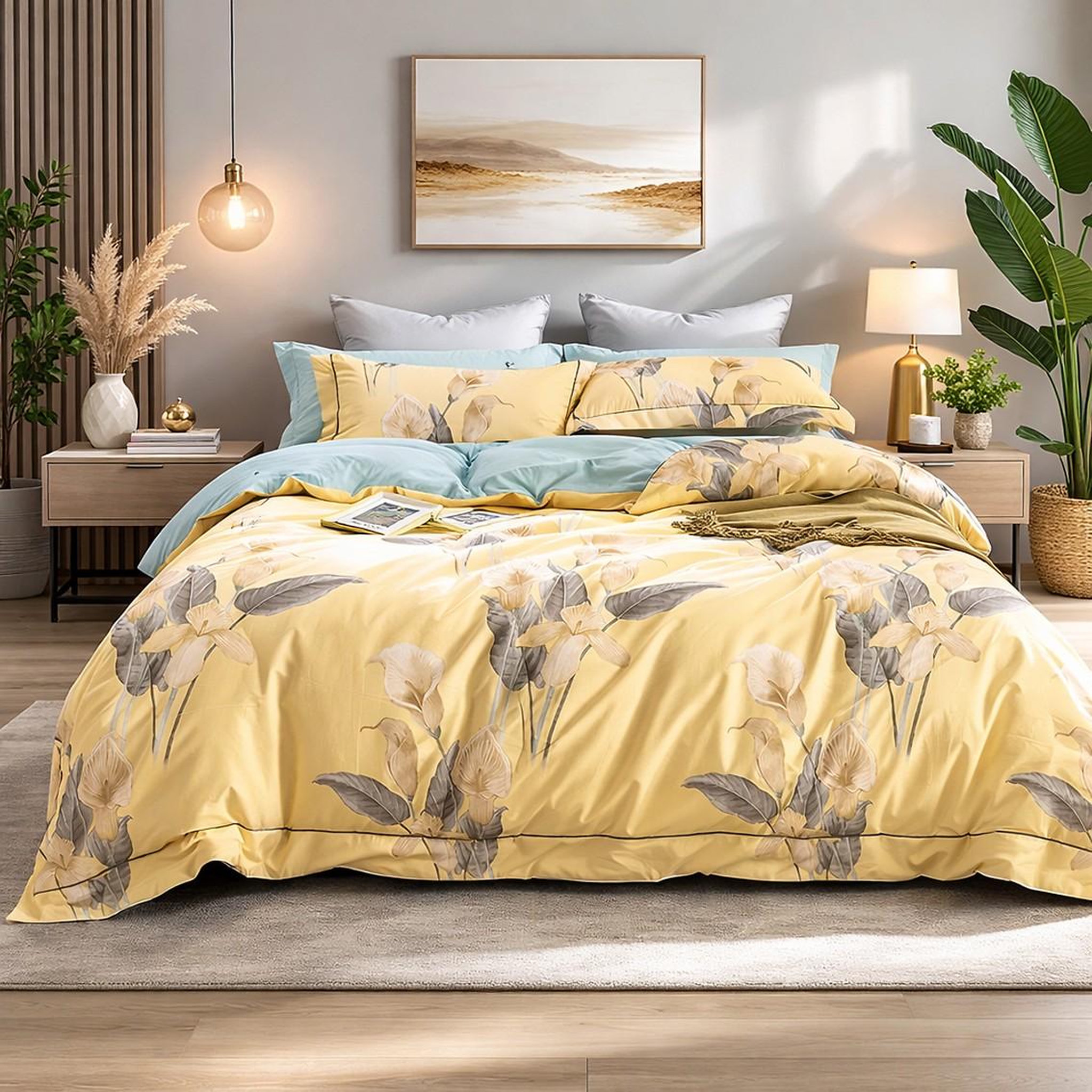 Home collection Parure housse de couette en coton 57 fils Horia. Coloris disponibles : Jaune