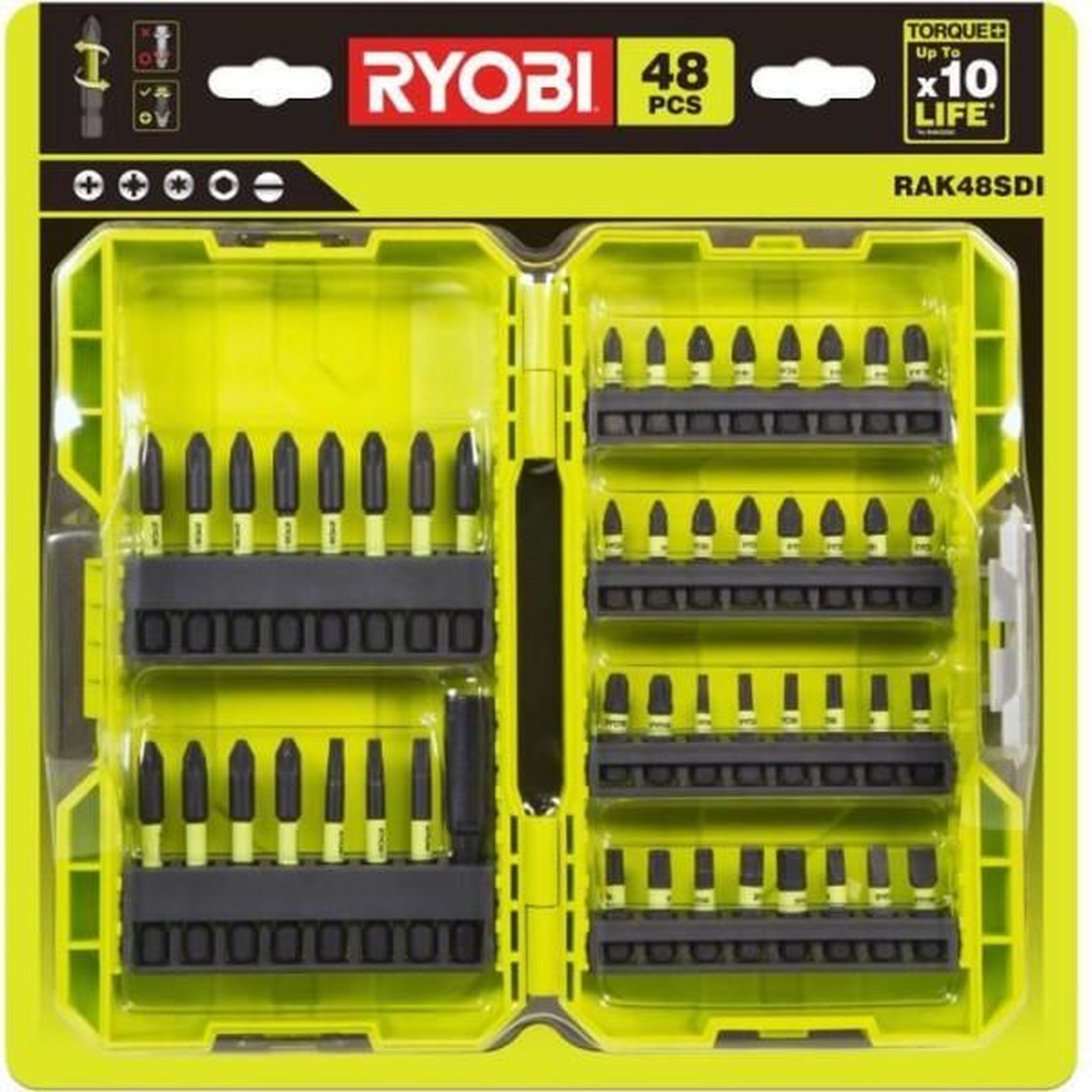 Ryobi Coffret antichoc empilable 48 embouts de vissage ryobi - rak48sdi