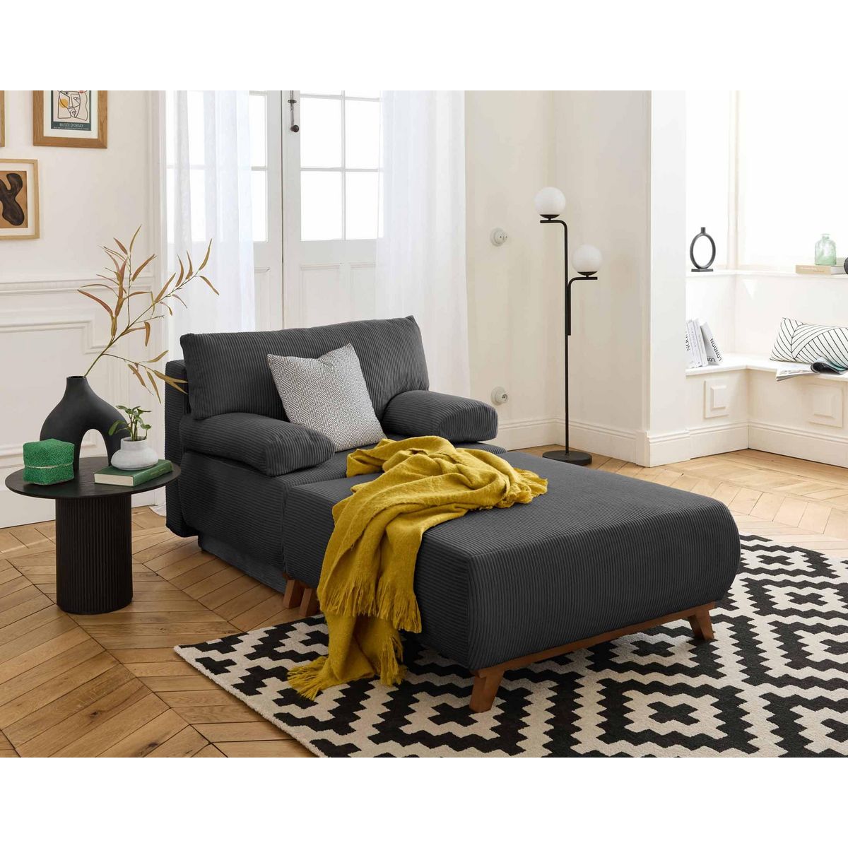 BEST MOBILIER Cristal - fauteuil - convertible avec coffre et grand pouf - en velours côtelé