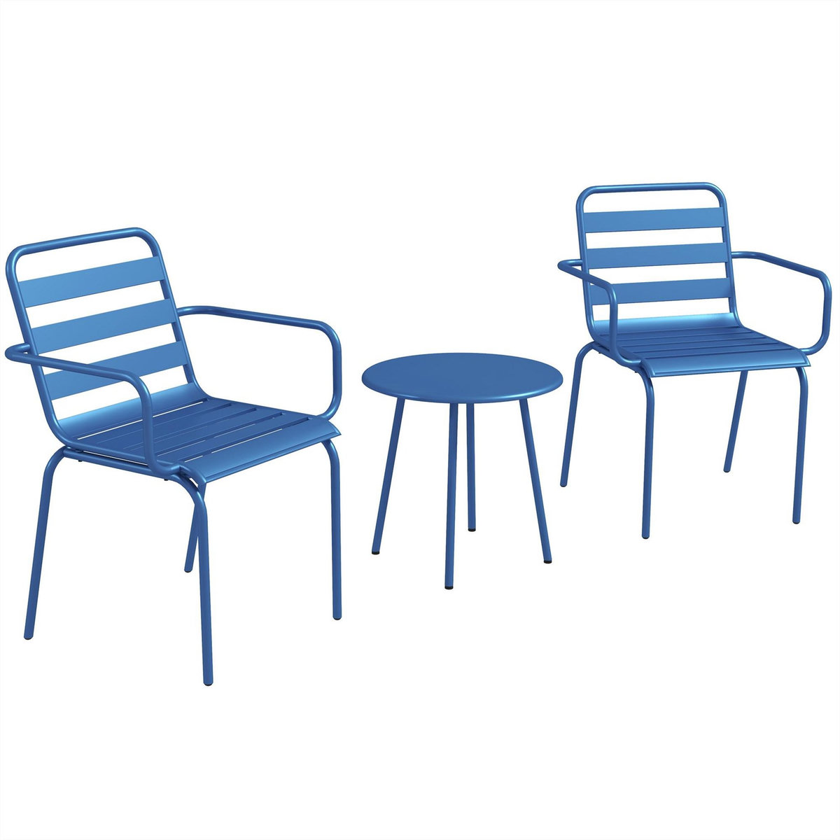 OUTSUNNY Salon de jardin bistro - table basse ronde Ø 60 cm 2 chaises empilables - acier thermolaqué bleu