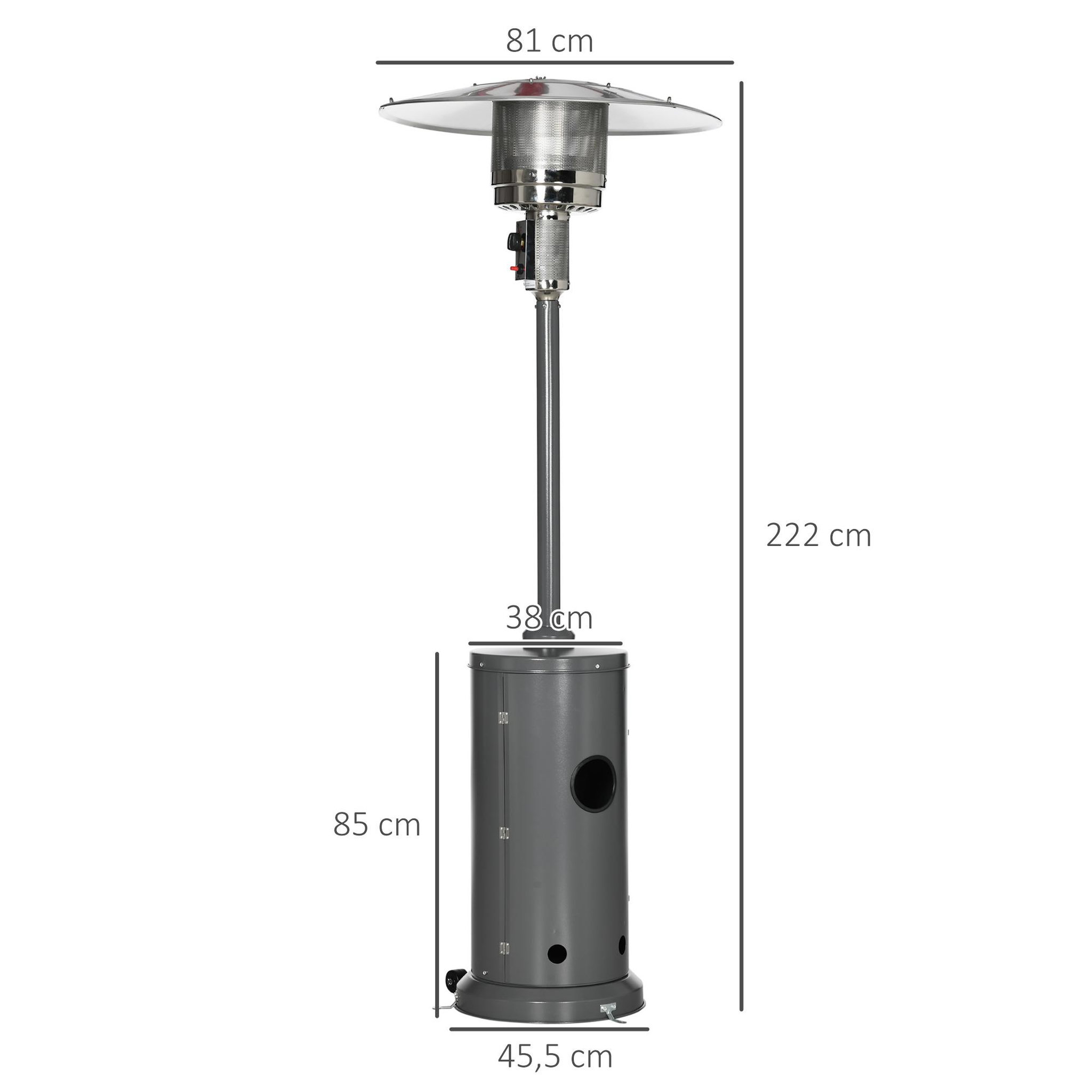 Voir la diapositive 3 : OUTSUNNY Parasol chauffant commercial 12,5 kW - chauffage extérieur gaz - chauffage de terrasse - double sécurité - puissance réglable - roulettes - acier inox. gris