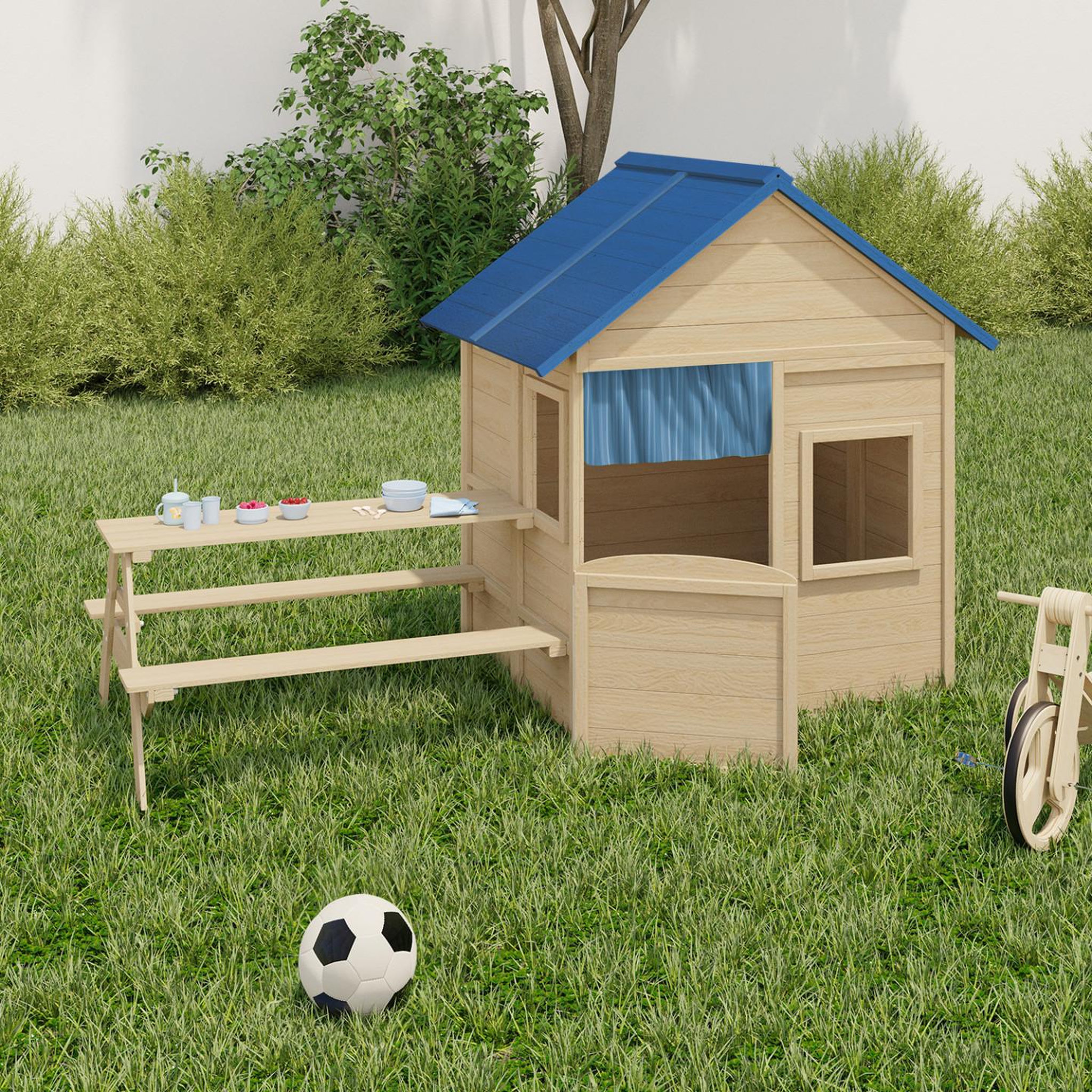 Voir la diapositive 2 : ID MARKET Maisonnette enfant en bois odyssey, cabane de jeux extérieure avec table de pique-nique intégrée