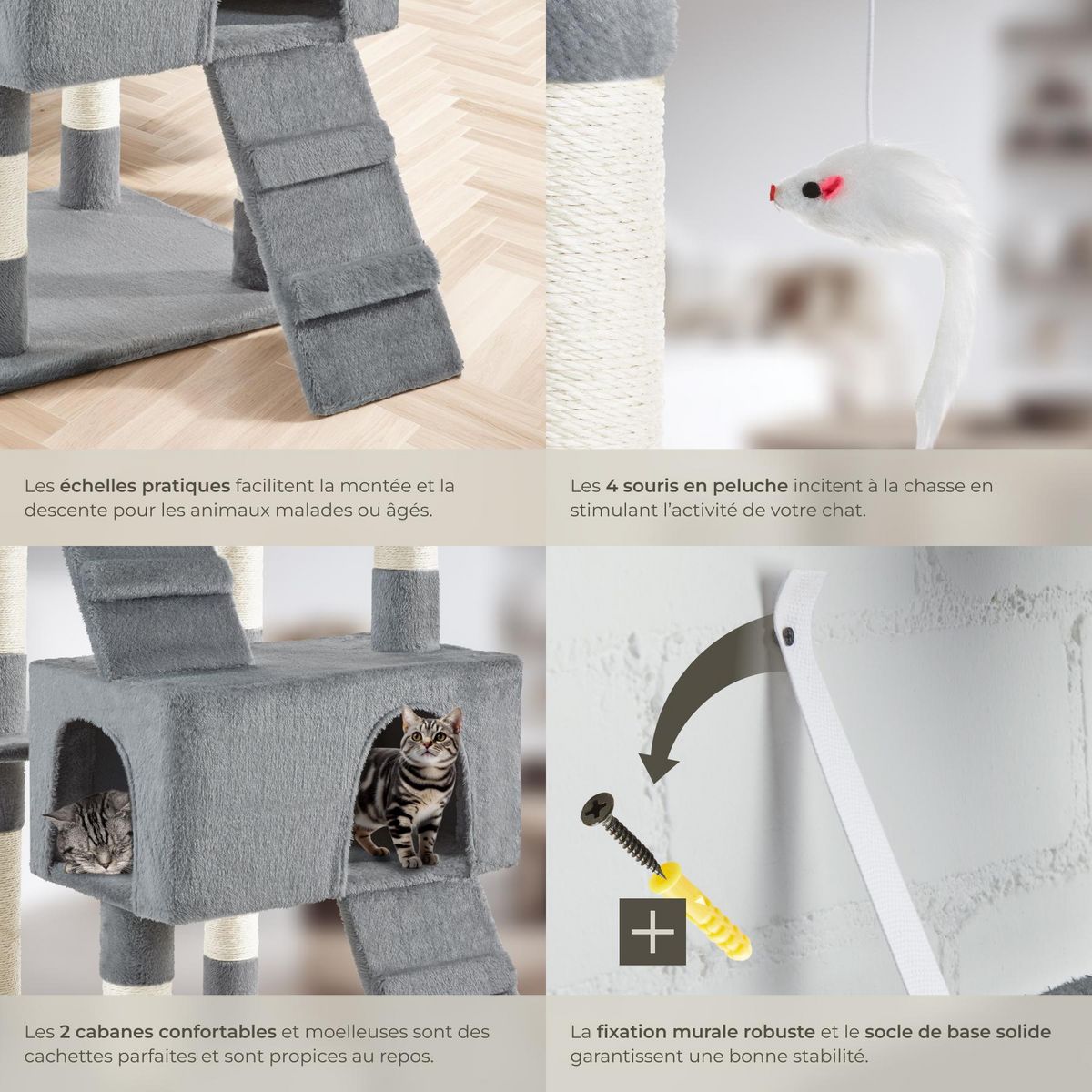 tectake Arbre à chat 170 cm avec griffoir et plateforme d'escalade gris