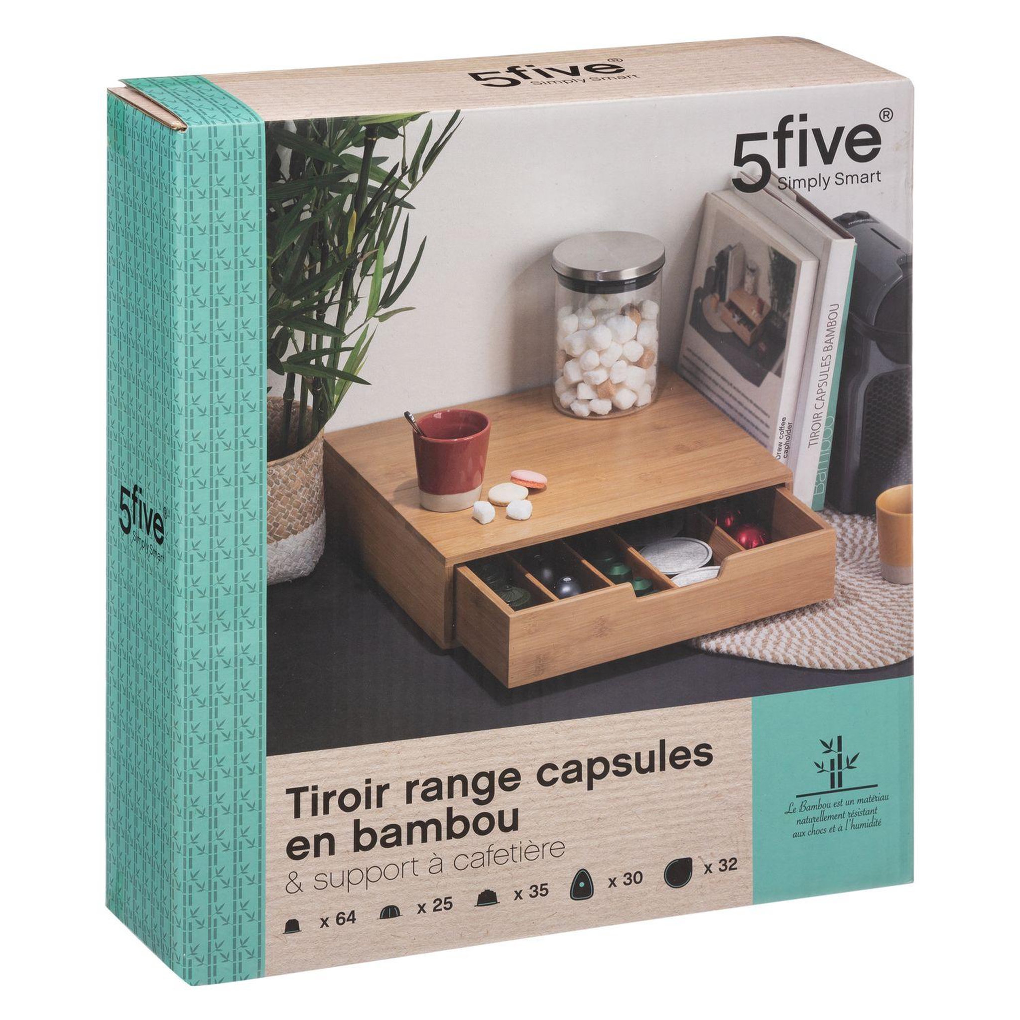Voir la diapositive 3 : FIVE Boite à capsules pour café avec tiroir de rangement en bambou - Beige