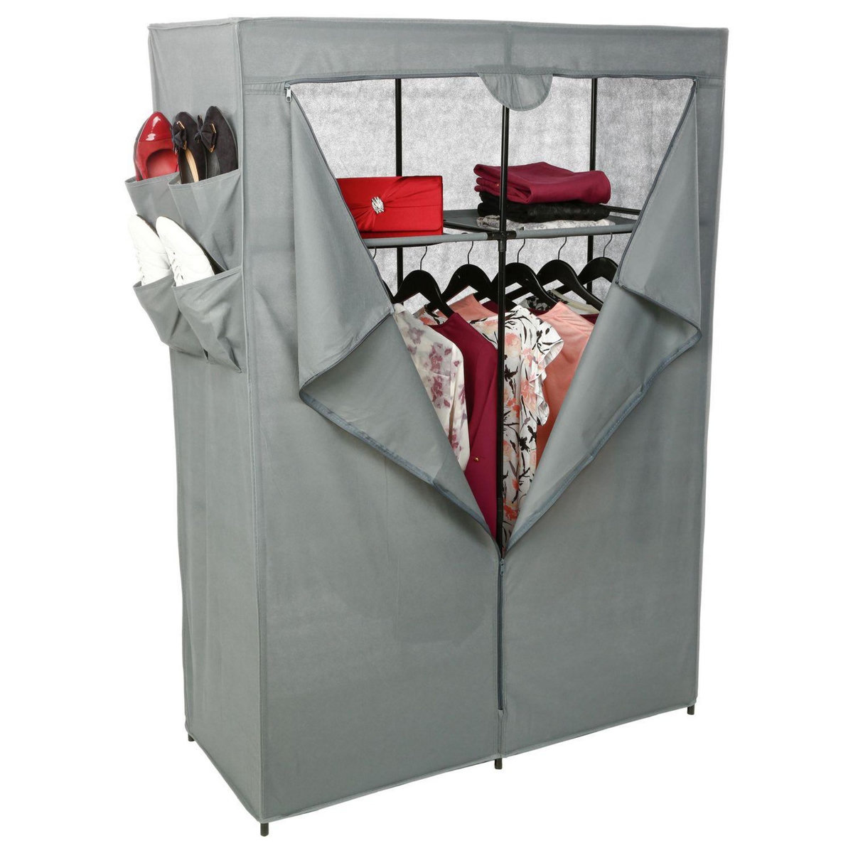 FIVE Armoire en tissu avec 2 penderies, 2 étagères et poches de rangement - Gris anthracite