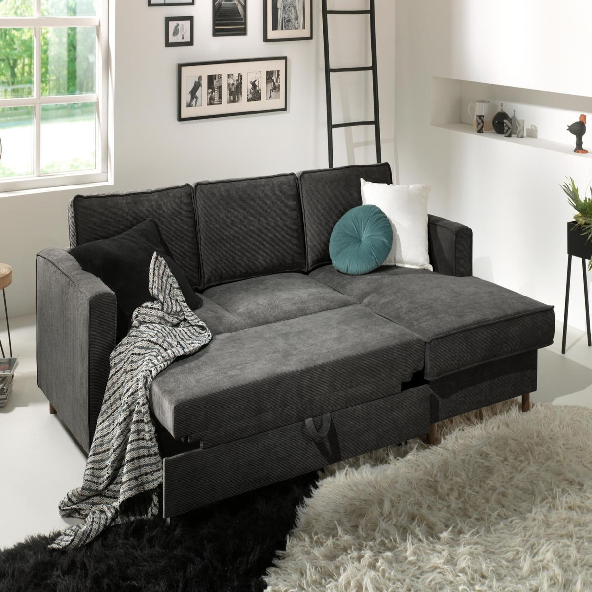 LISA DESIGN Jake - canapé d'angle droit - convertible avec coffre - 4 places - en velours côtelé