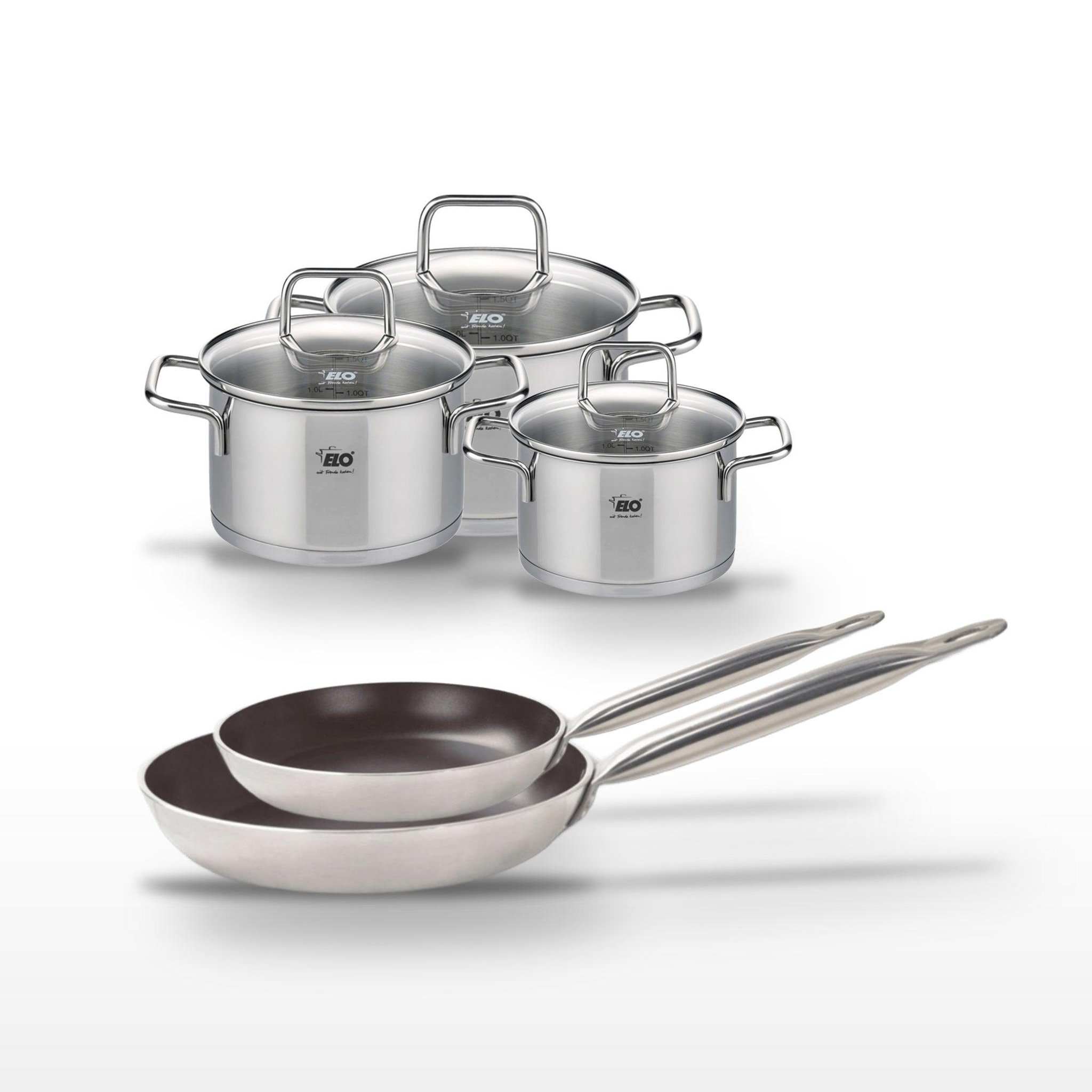 ELO Lot de 2 poêles 24/28 cm avec revêtement céramique sans pfas & 3 faitouts 12/14/16 cm elo bistro line citrin