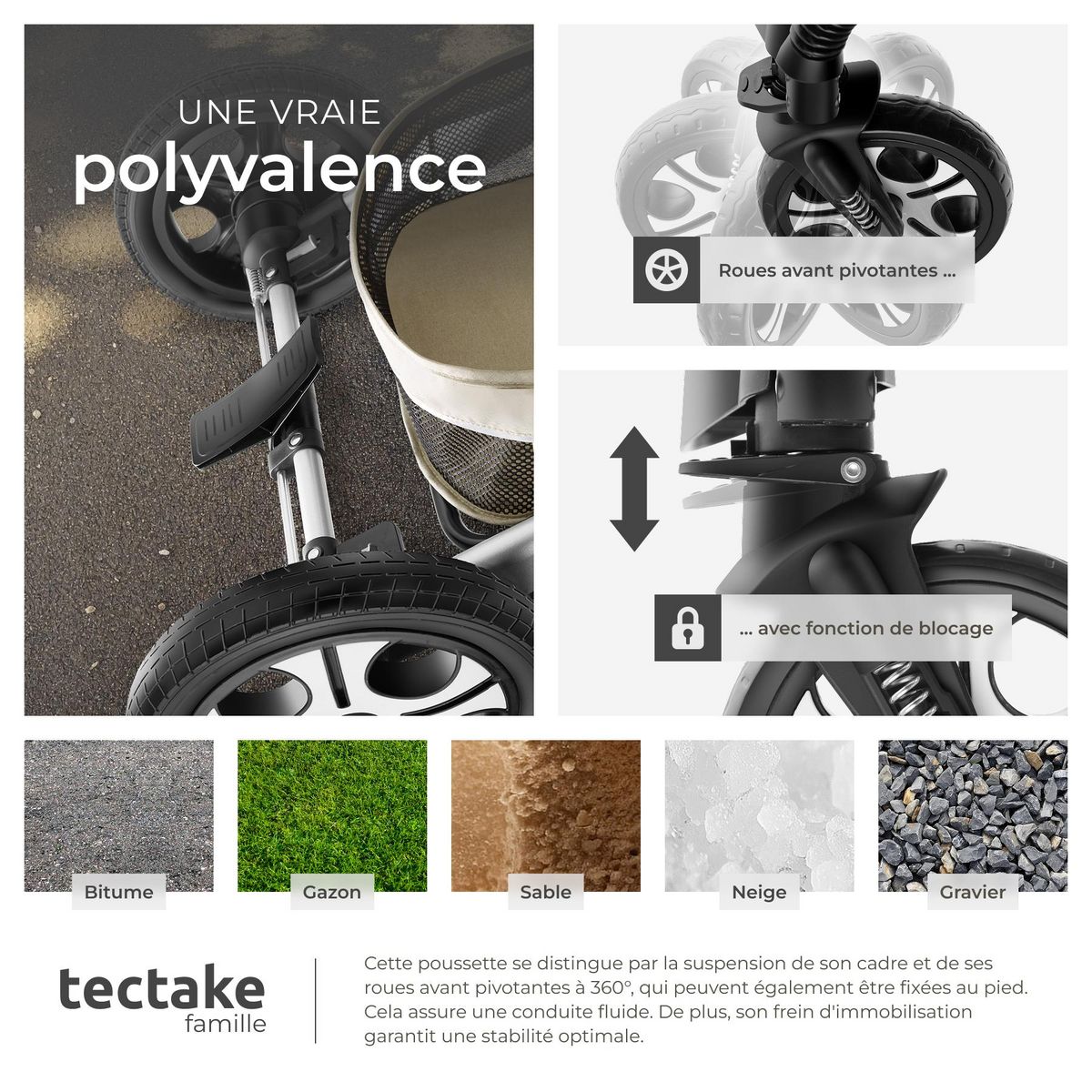 tectake Poussette combinée 2-en-1 pliable avec harnais à 5 points, frein, arceau de sécurité et dragonne gris/beige