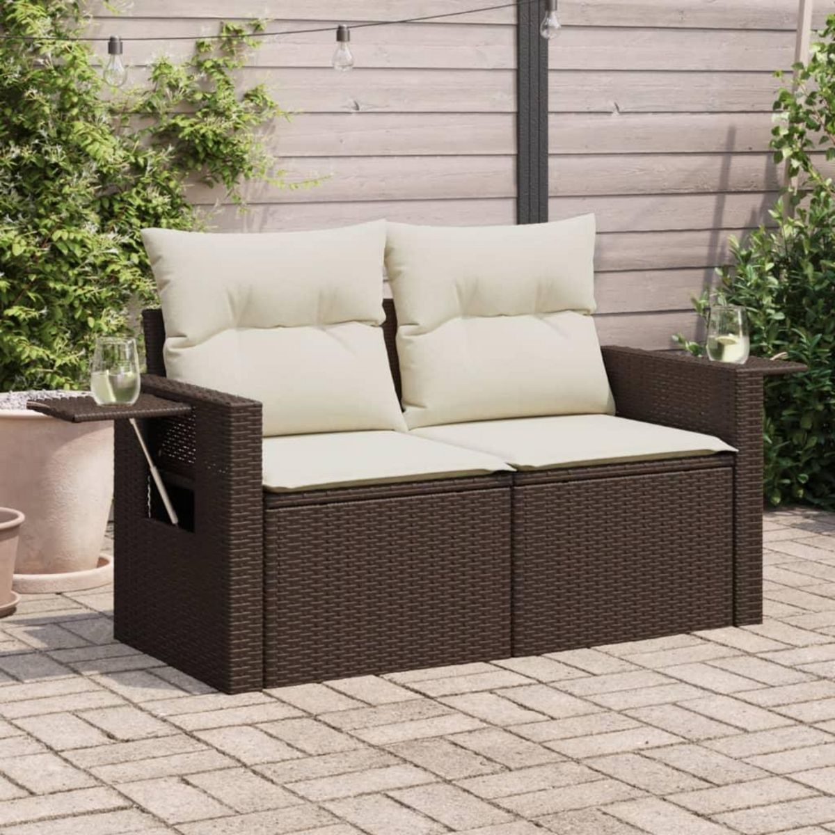 VIDAXL Canape de jardin avec coussins 2 places marron resine tressee