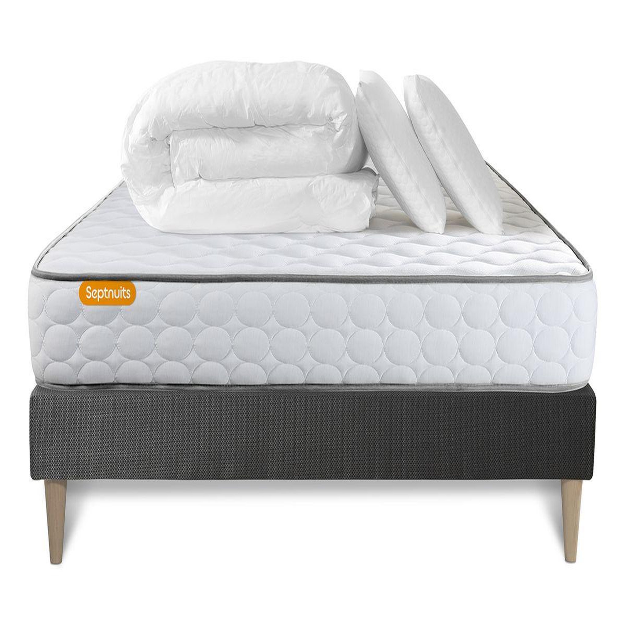 Voir la diapositive 2 : SEPTNUITS Pack matelas Memo + sommier kit gris + 2 oreillers mémoire de forme