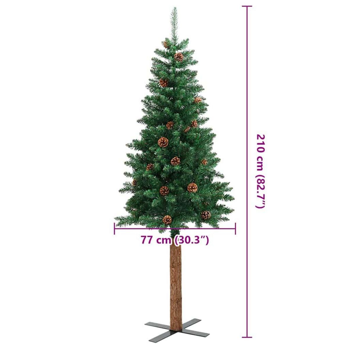 VIDAXL Sapin de Noël mince avec bois veritable et cones vert 210cm PVC