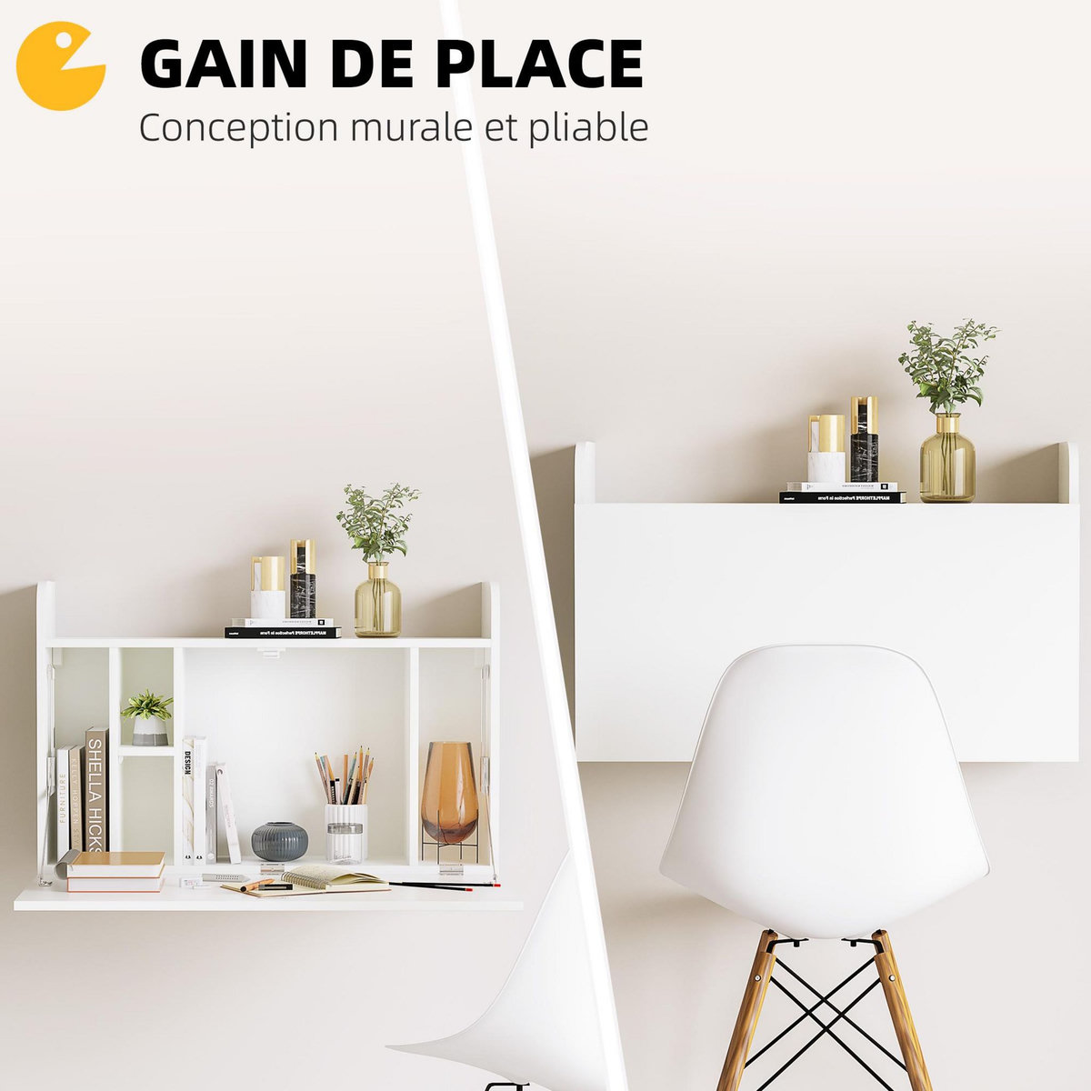 HOMCOM Bureau mural pliable - table murale rabattable - 5 niches, étagère - panneaux particules blanc