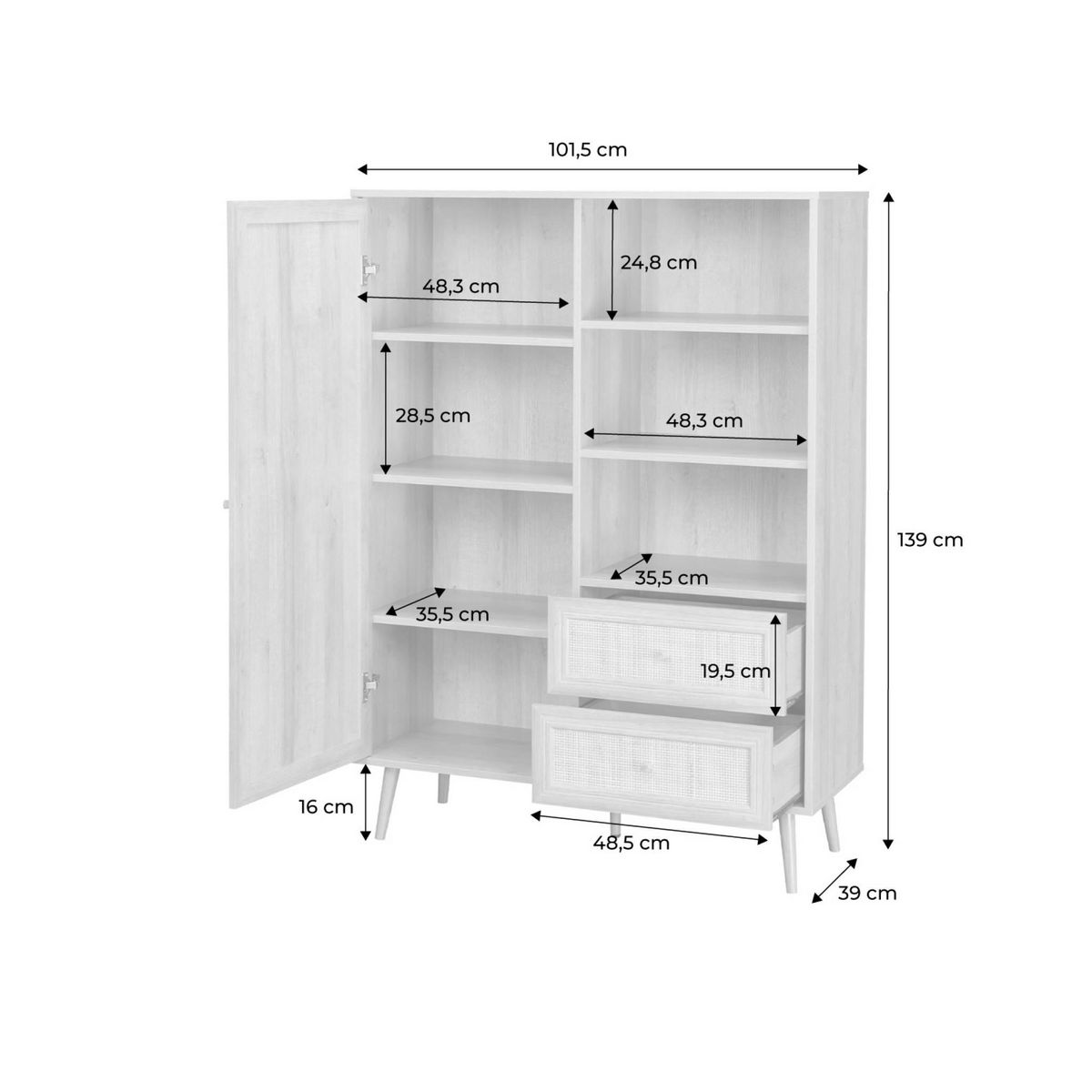 SWEEEK Buffet de rangement cannage et décor bois. buffet haut. vaisselier. 1 porte. 2 tiroirs. 6 étagères