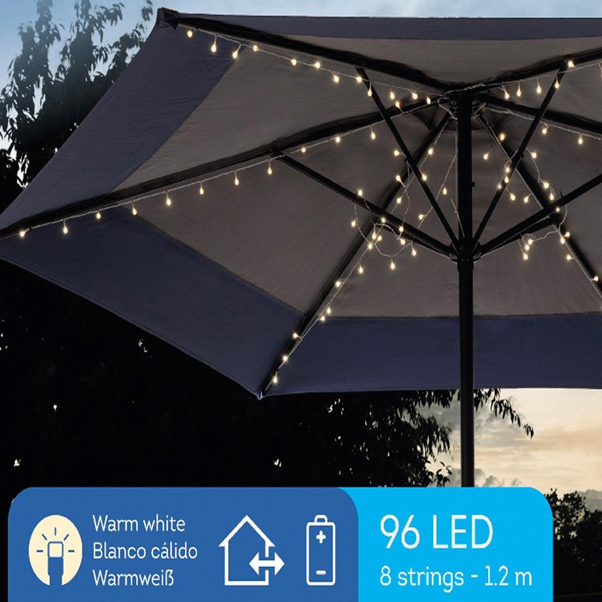 Voir la diapositive 3 : JARDIDECO Guirlande extérieure LED blanc chaud pour parasol fixe - Jardideco