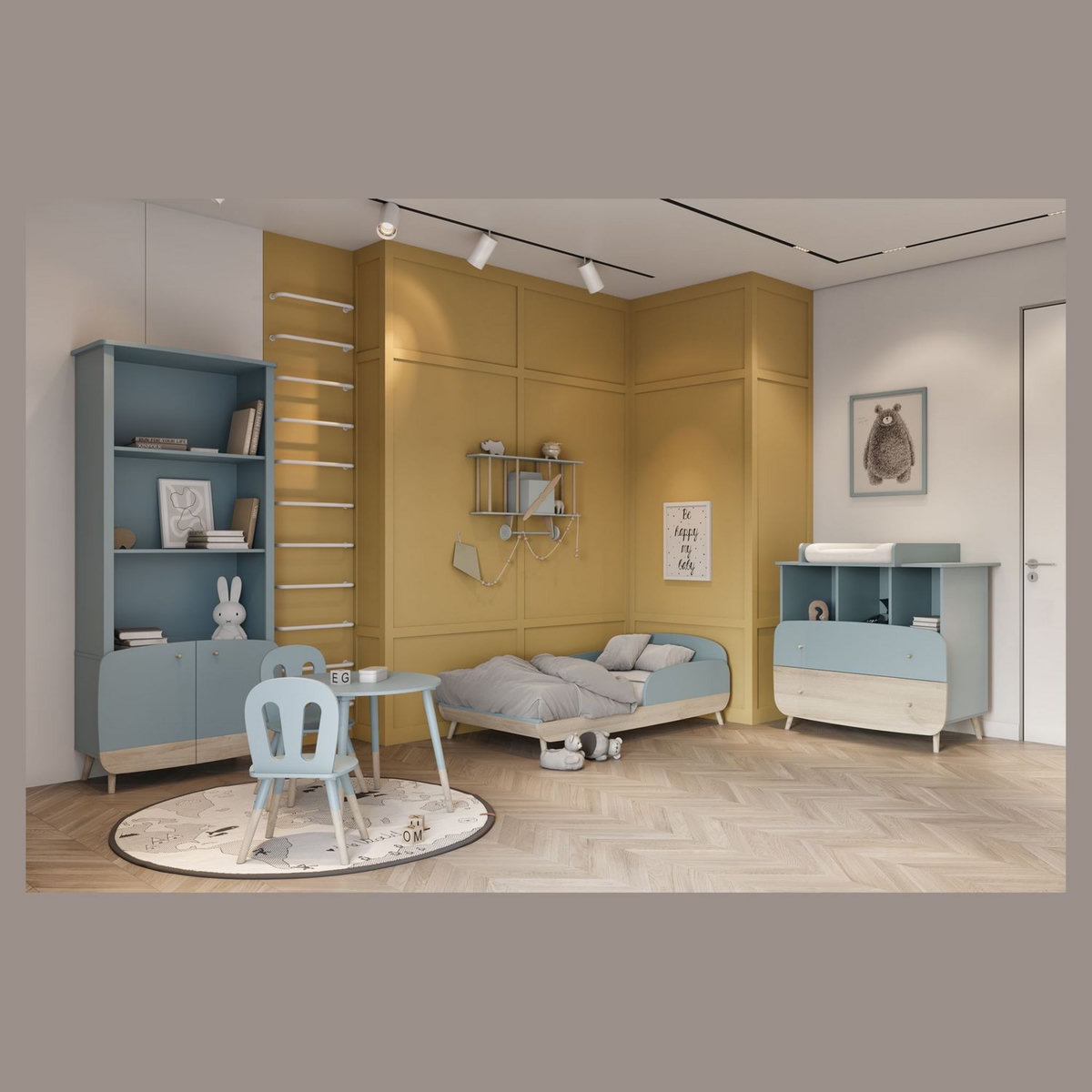 Bibliothèque bébé enfant 3 niches 2 portes bleu LINIA