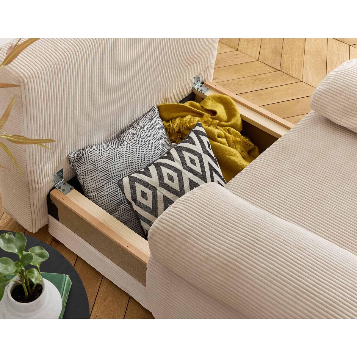 BEST MOBILIER Cristal - fauteuil - convertible avec coffre et grand pouf - en velours côtelé