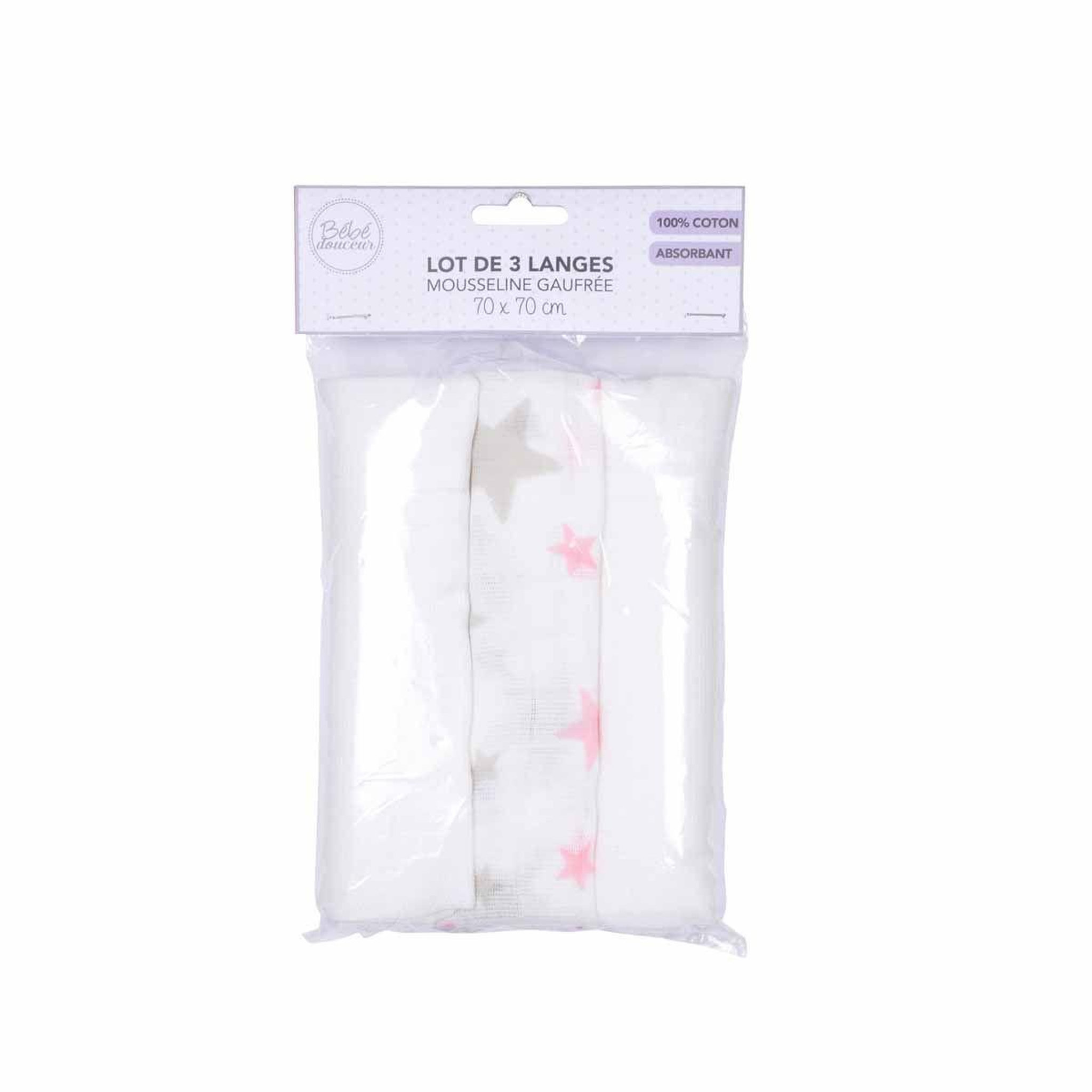Voir la diapositive 2 : HOMEA Lot de 3 langes en coton  ciel  70cm rose