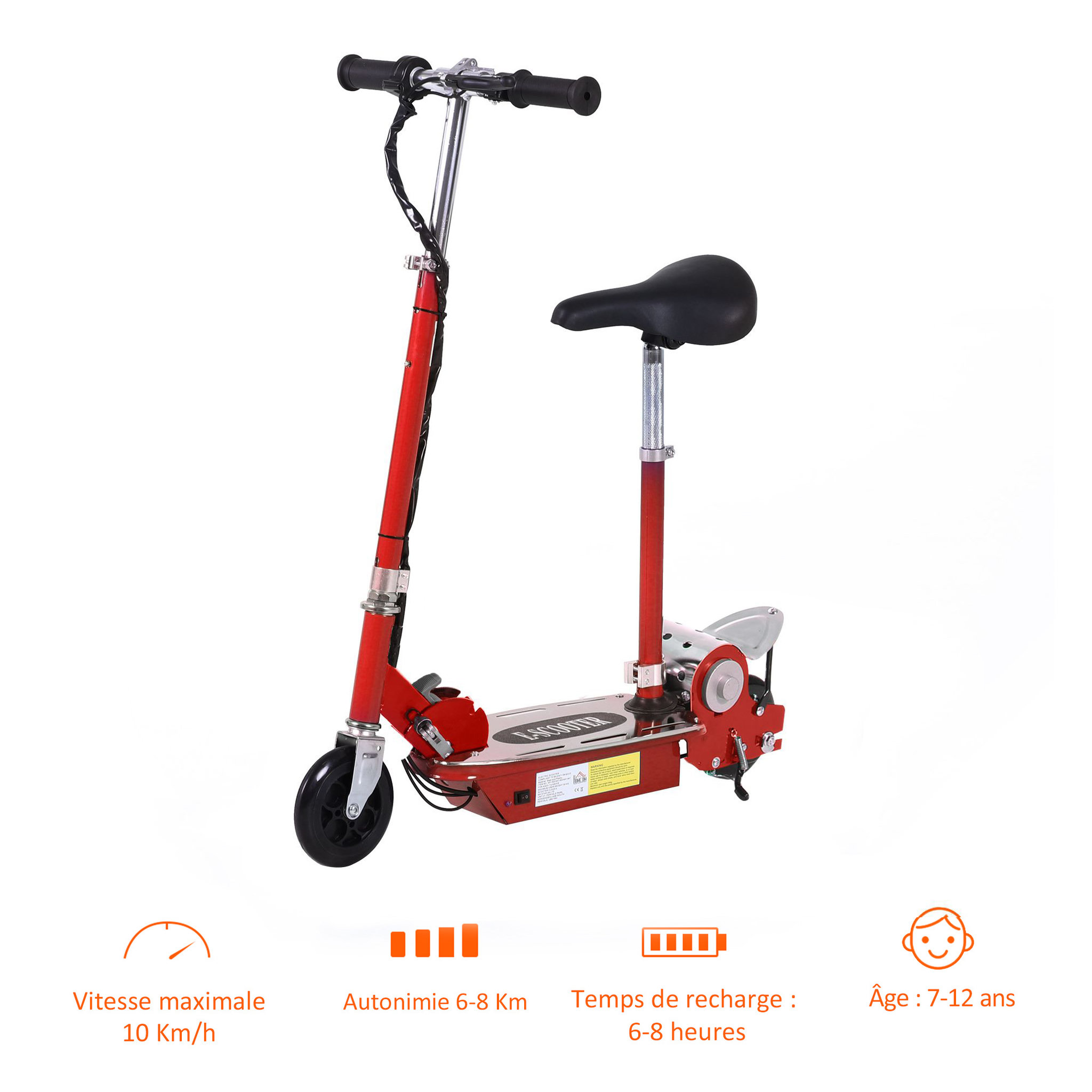 Voir la diapositive 4 : HOMCOM Trottinette électrique 120 W pliable pour enfant de 7 à 12 ans hauteur guidon et selle réglable 10 Km/h max. rouge
