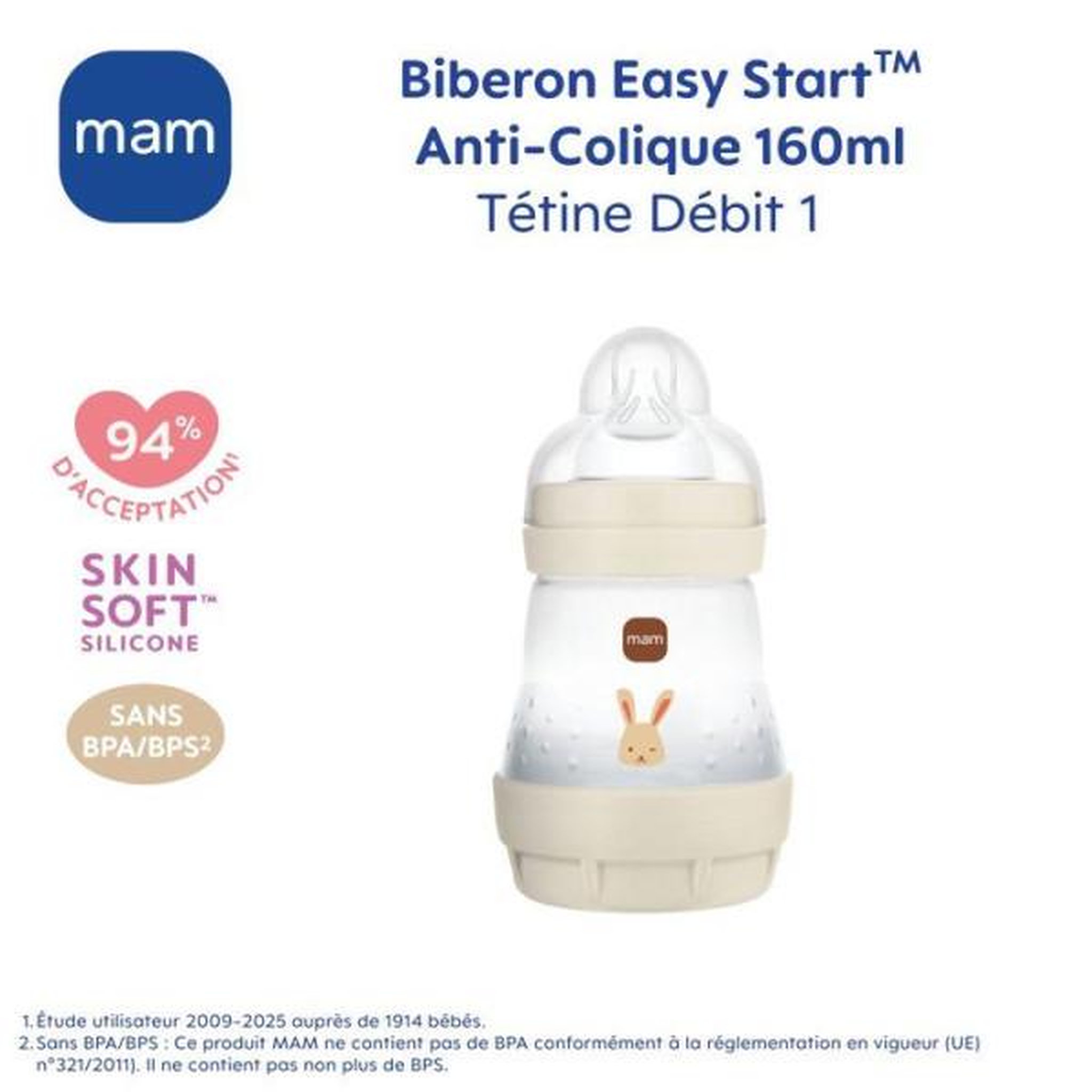 Voir la diapositive 2 : MAM Biberon - mam - easy start anti-colique - 160 ml - tétine débit 1 - sable