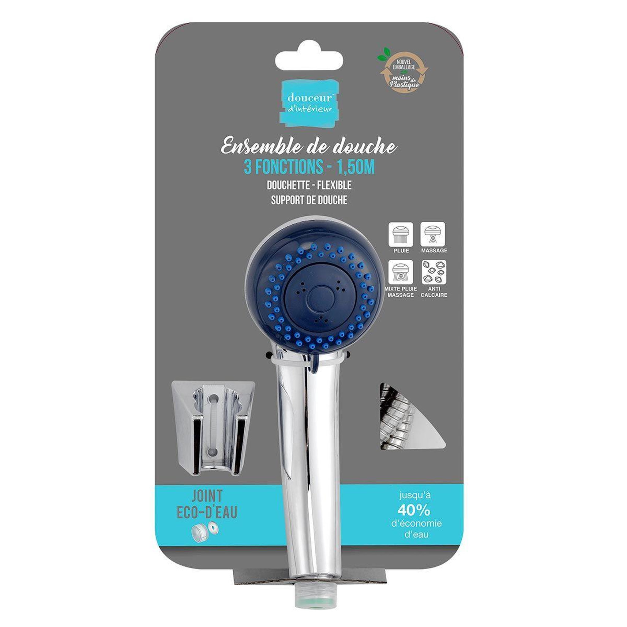 Voir la diapositive 2 : Douceur d'Intérieur Ensemble de Douche  3 Fonctions  1,5m Chrome