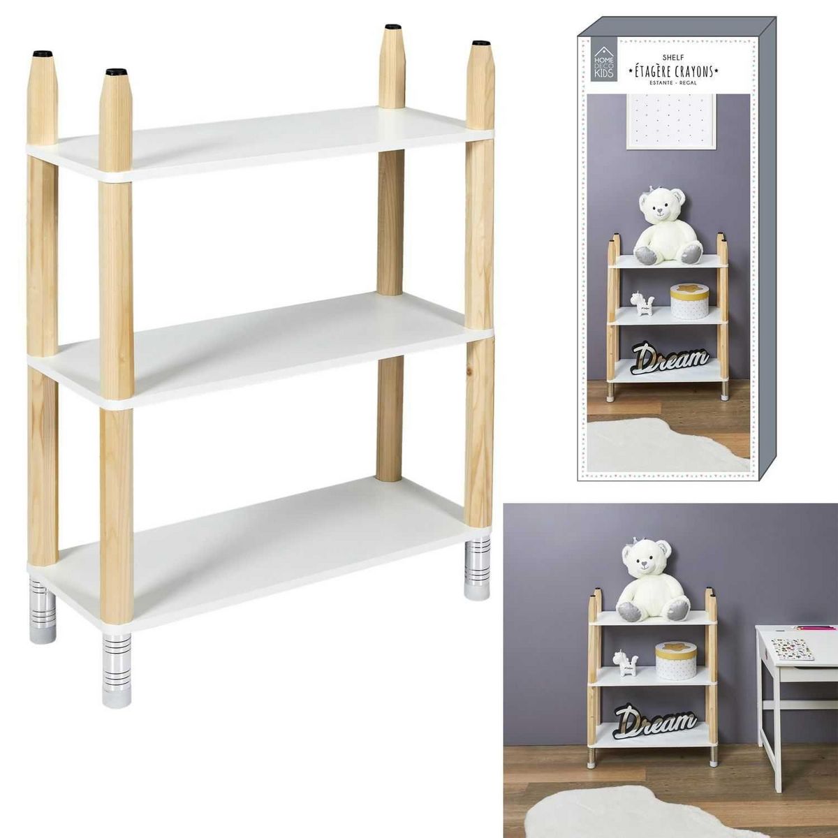 TOILINUX Etagère 3 niveau Crayons pour enfant - Blanc et marron
