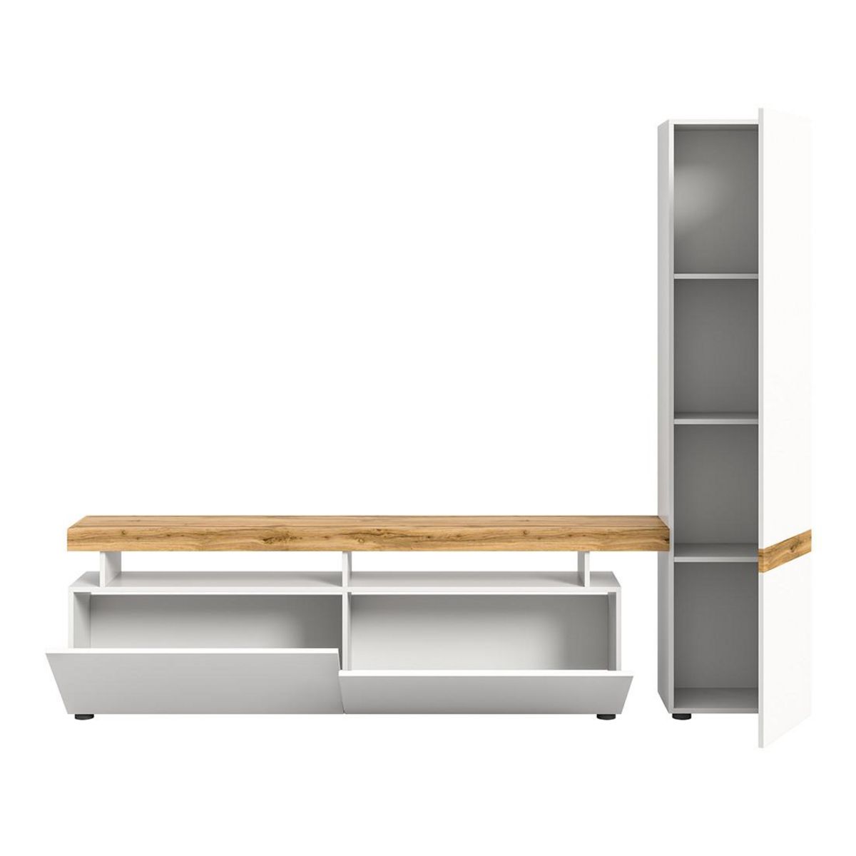 BEST MOBILIER Olivier - meuble tv avec armoire - 3 portes - blanc et effet bois - 235x190 cm