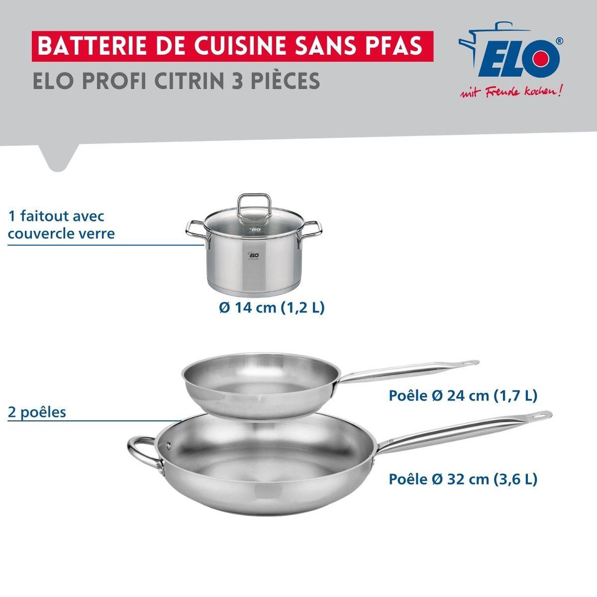 Voir la diapositive 2 : ELO Ensemble de 2 Poêles de cuisson 24 et 32 cm et 1 faitout 14 cm Elo Profi Citrin