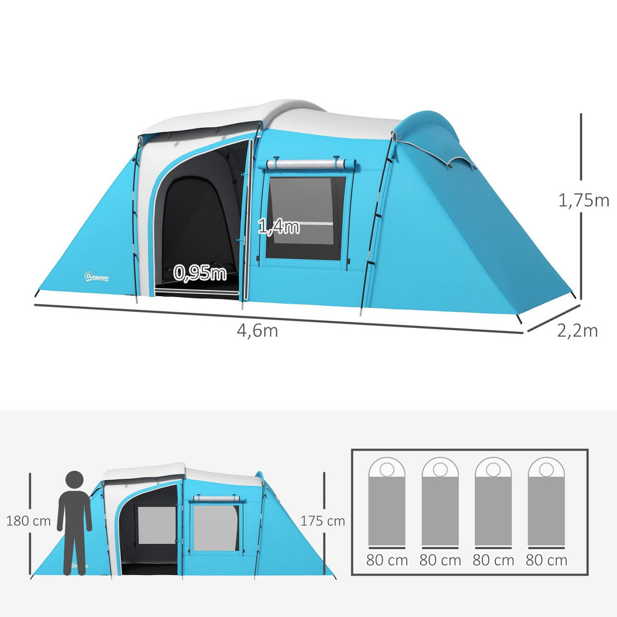OUTSUNNY Tente de camping 3-4 pers. 2 chambres 4 portes 4 fenêtres sac bleu