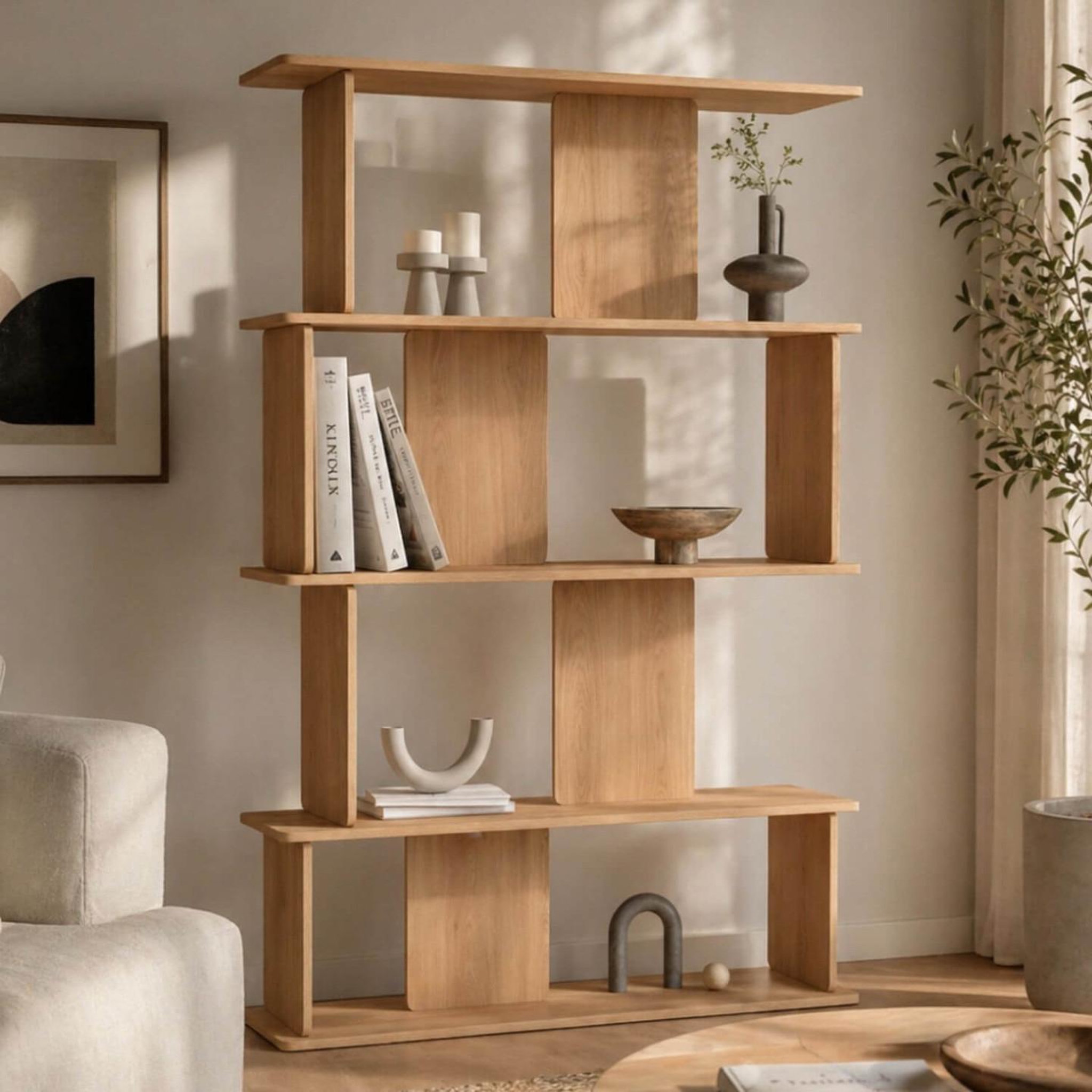 Voir la diapositive 2 : ID MARKET Etagère 4 niveaux japandi capucine asymétrique façon hêtre design arrondi