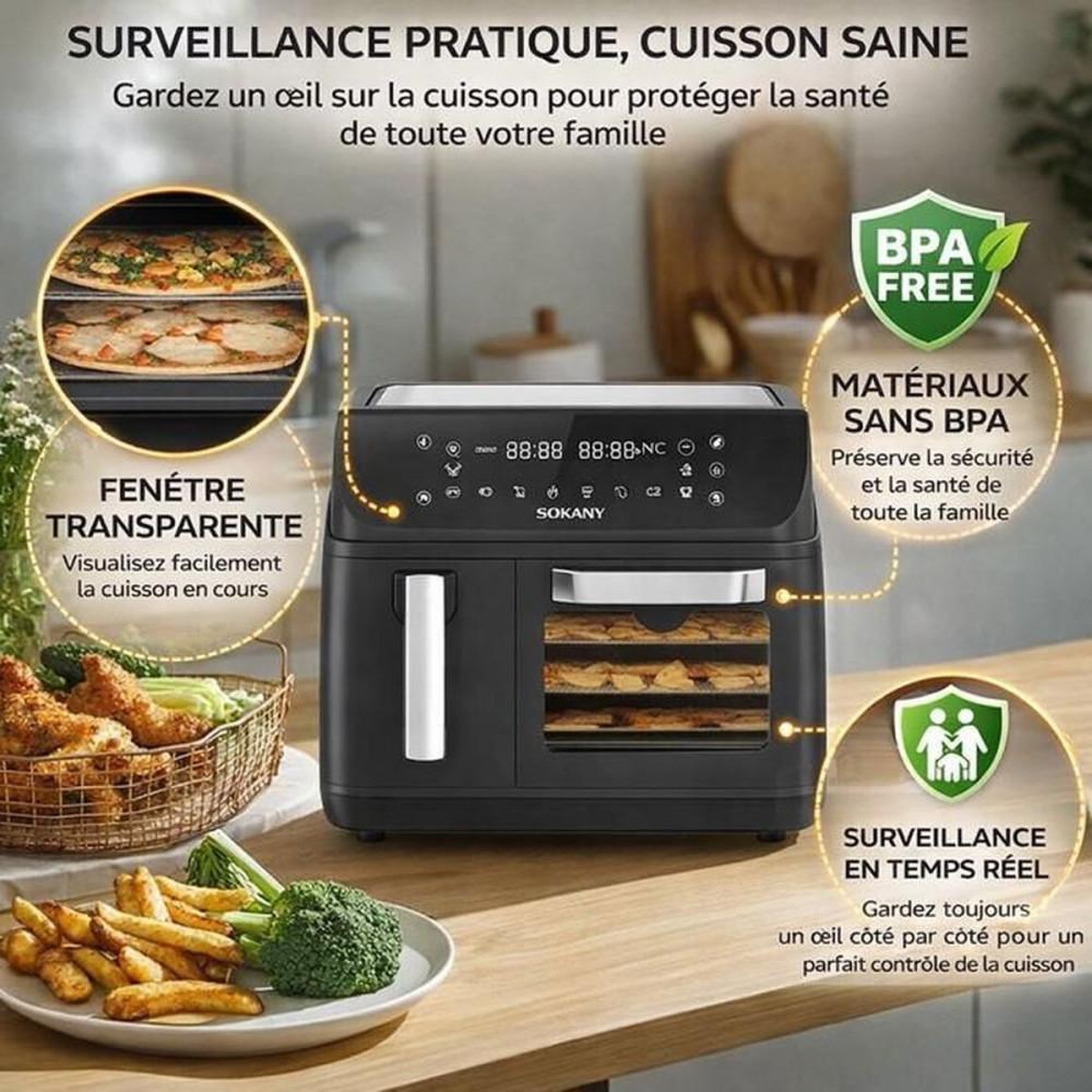 Voir la diapositive 3 : Friteuse double cuve sans huile à écran tactile 12,5L 2400W 80–200°C 10 programmes