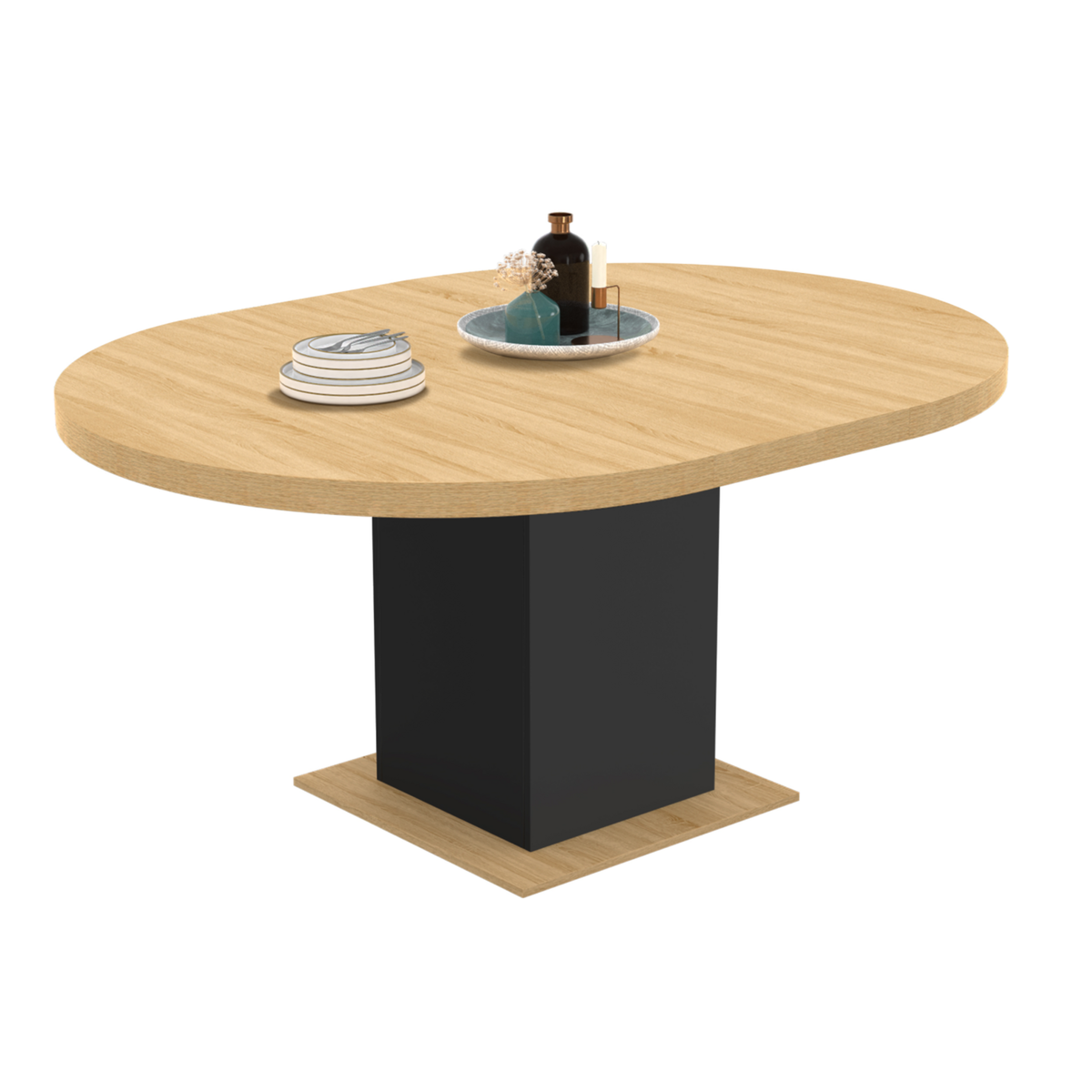 ID MARKET Table à manger extensible ronde EDEN 4-8 personnes bois et noir 120-160 cm