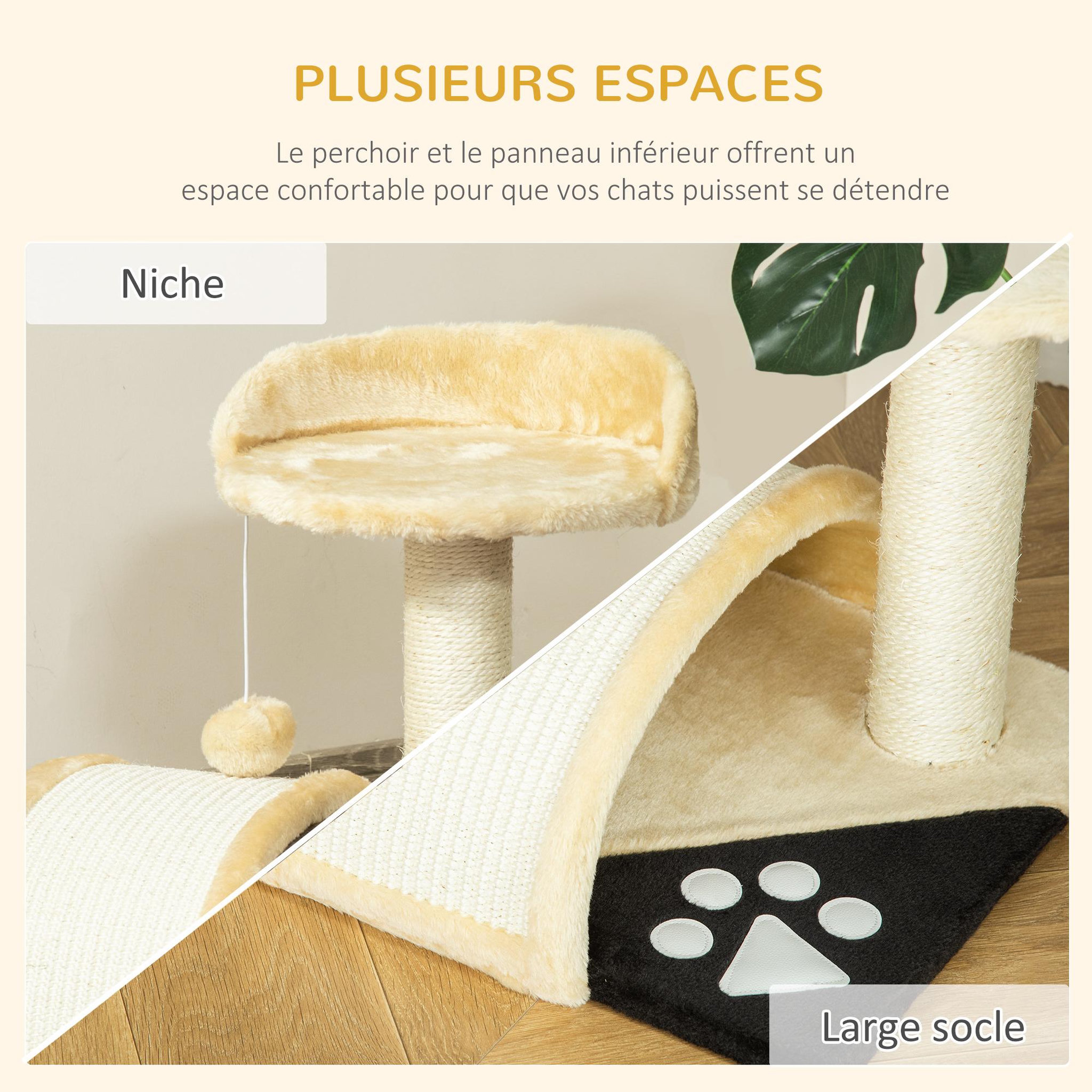 Voir la diapositive 6 : PAWHUT Arbre à chat griffoir grattoir design jeu boule suspendue + plateforme peluche sisal naturel beige