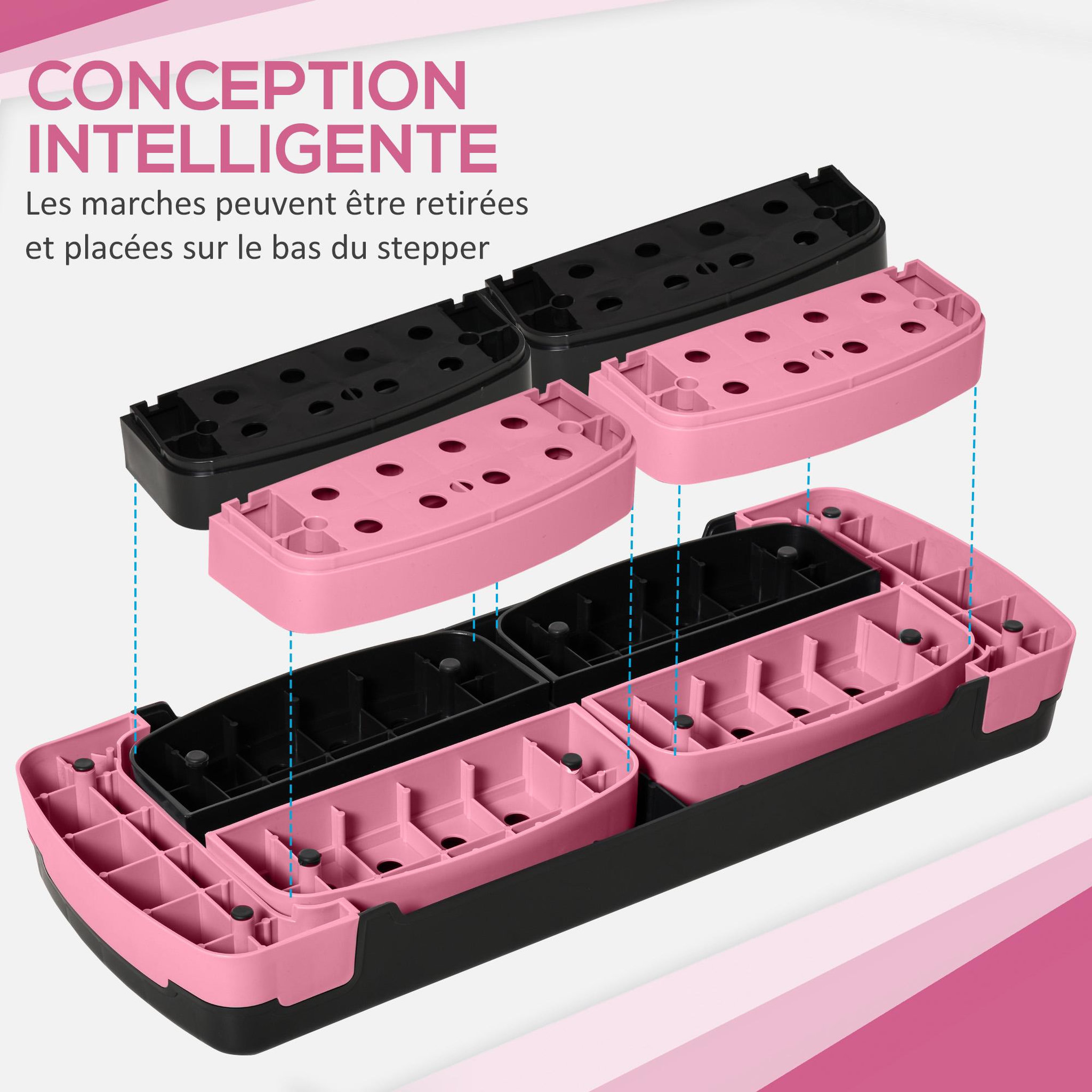 Voir la diapositive 6 : HOMCOM Stepper fitness aerobic hauteur reglable surface antiderapante 80 x 31 x 20 cm noir rose