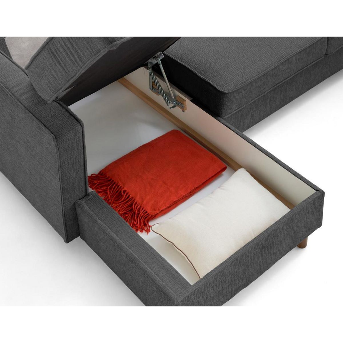 LISA DESIGN Jake - canapé panoramique d'angle droit 7 places convertible avec coffre en tissu velours relief