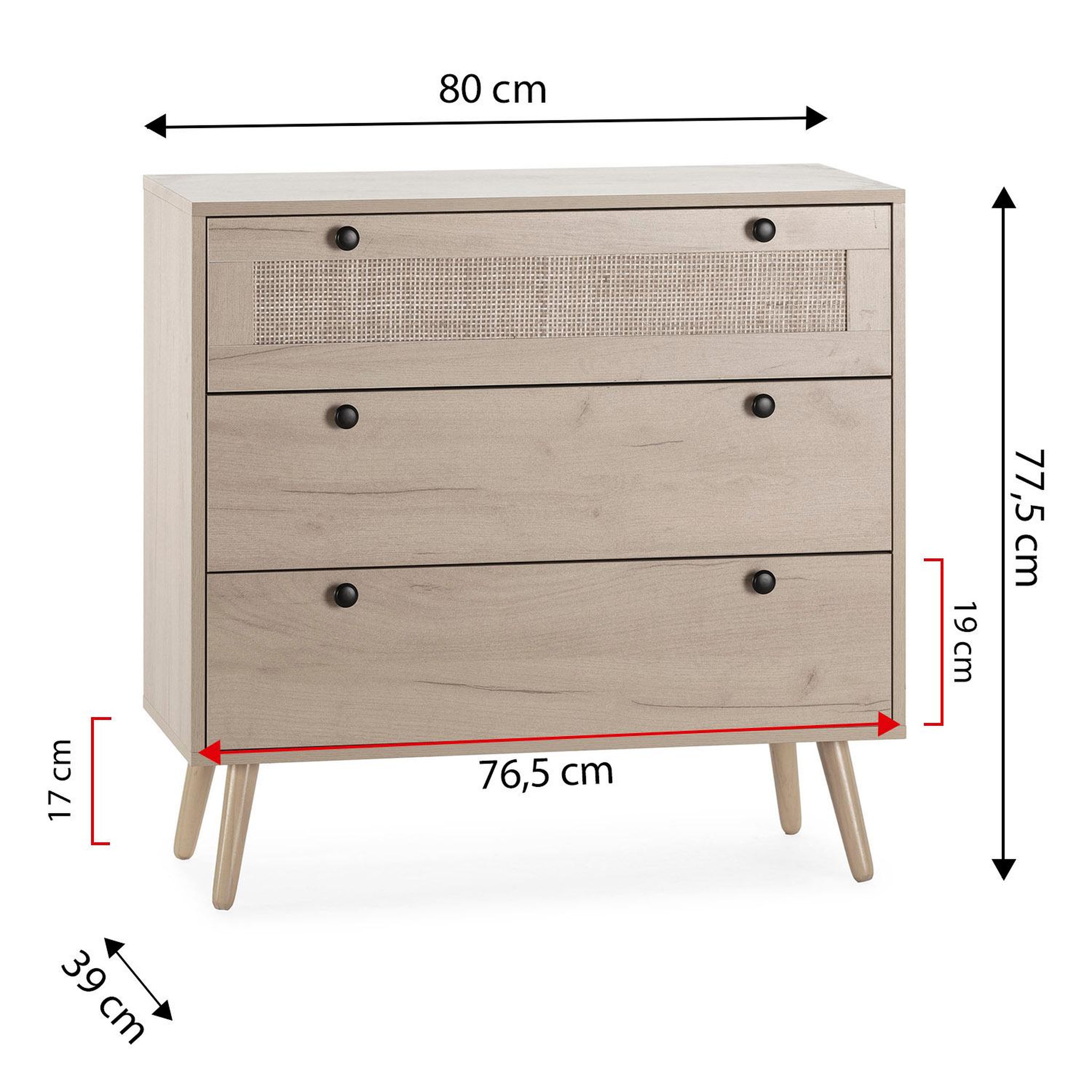Voir la diapositive 5 : VS VENTA-STOCK Commode nuit Bella 3 tiroirs couleur chêne avec rotin naturel
