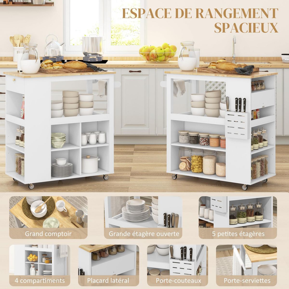 HOMCOM Desserte de cuisine style cosy chic multi-rangement blanc bois hévéa