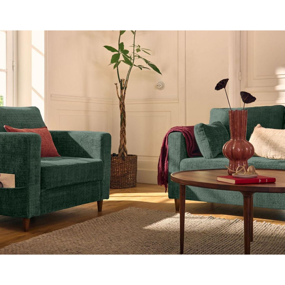 LISA DESIGN Anna - fauteuil avec poche en velours texturé - pieds en bois