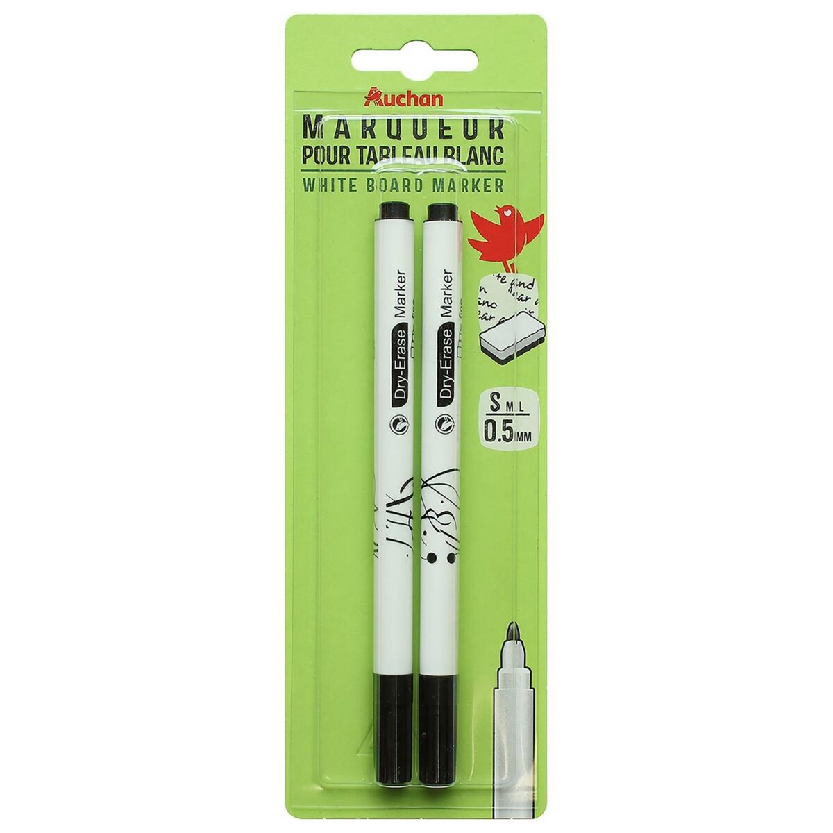 AUCHAN Lot de 2 marqueurs pour tableau blanc effaçables pointes fines noirs