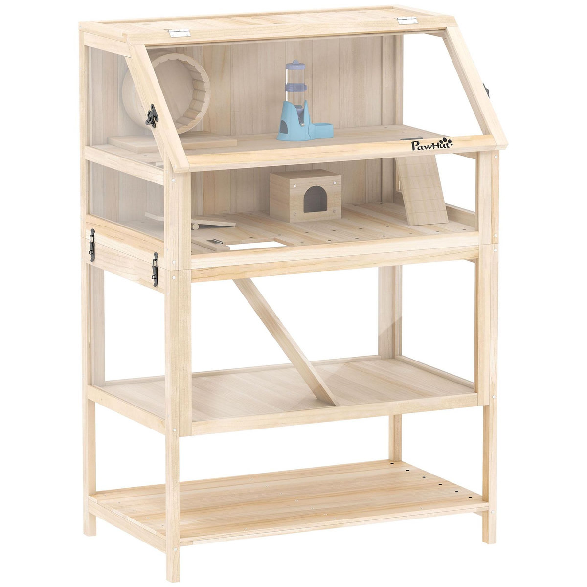 PAWHUT Cage hamster bois 3 niveaux accessoires étagère sapin acrylique